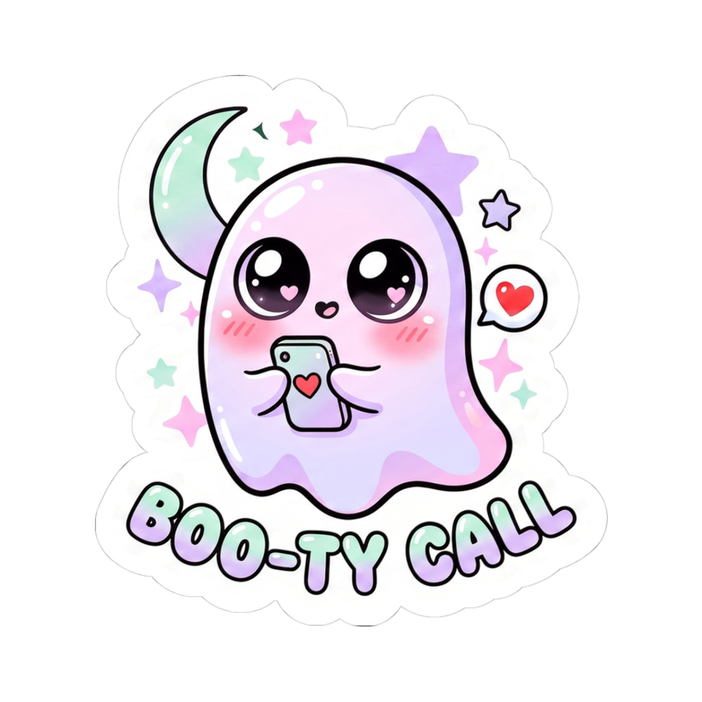 Kawaii ghost phone sticker with purple face, wink eyes, heart, and Boo-ty Call text
