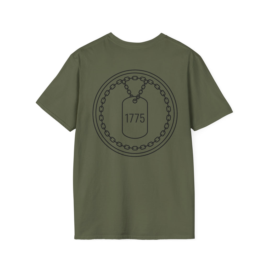 Military green T-shirt with circular 1775 dog tag emblem print
