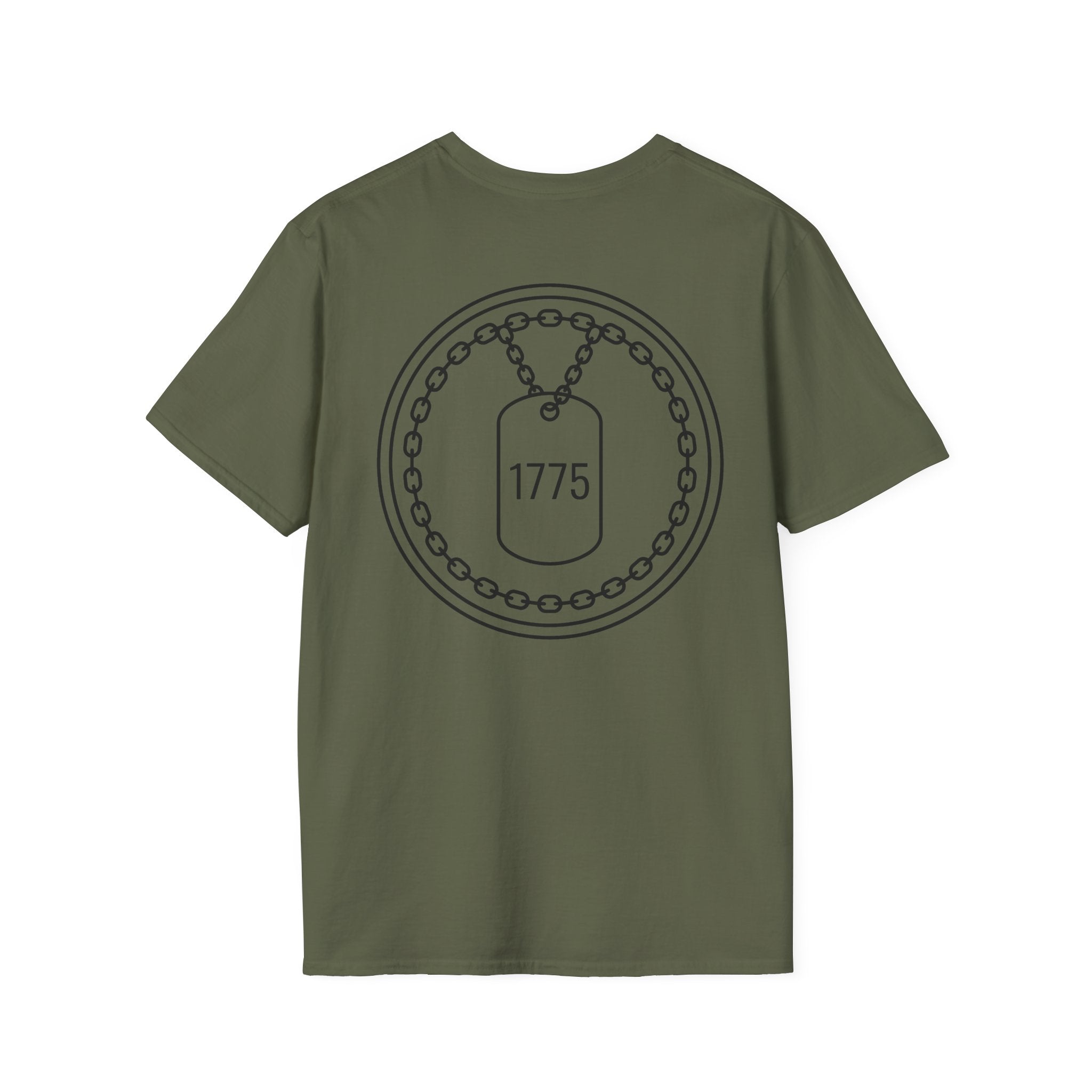 Military green T-shirt with circular 1775 dog tag emblem print