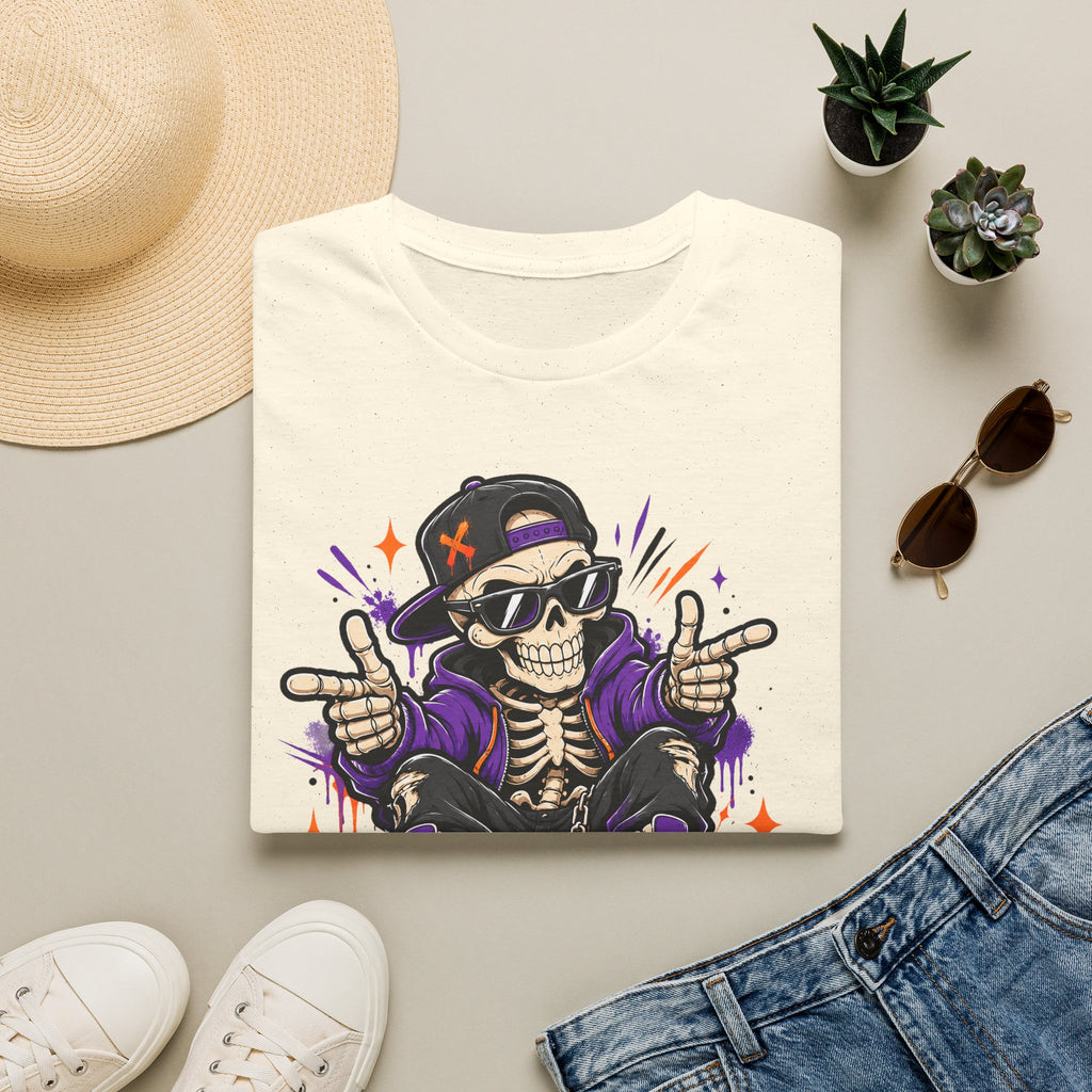 Cream Skeleton DJ T-shirt with skull DJ graphic wearing headphones and purple handsign print