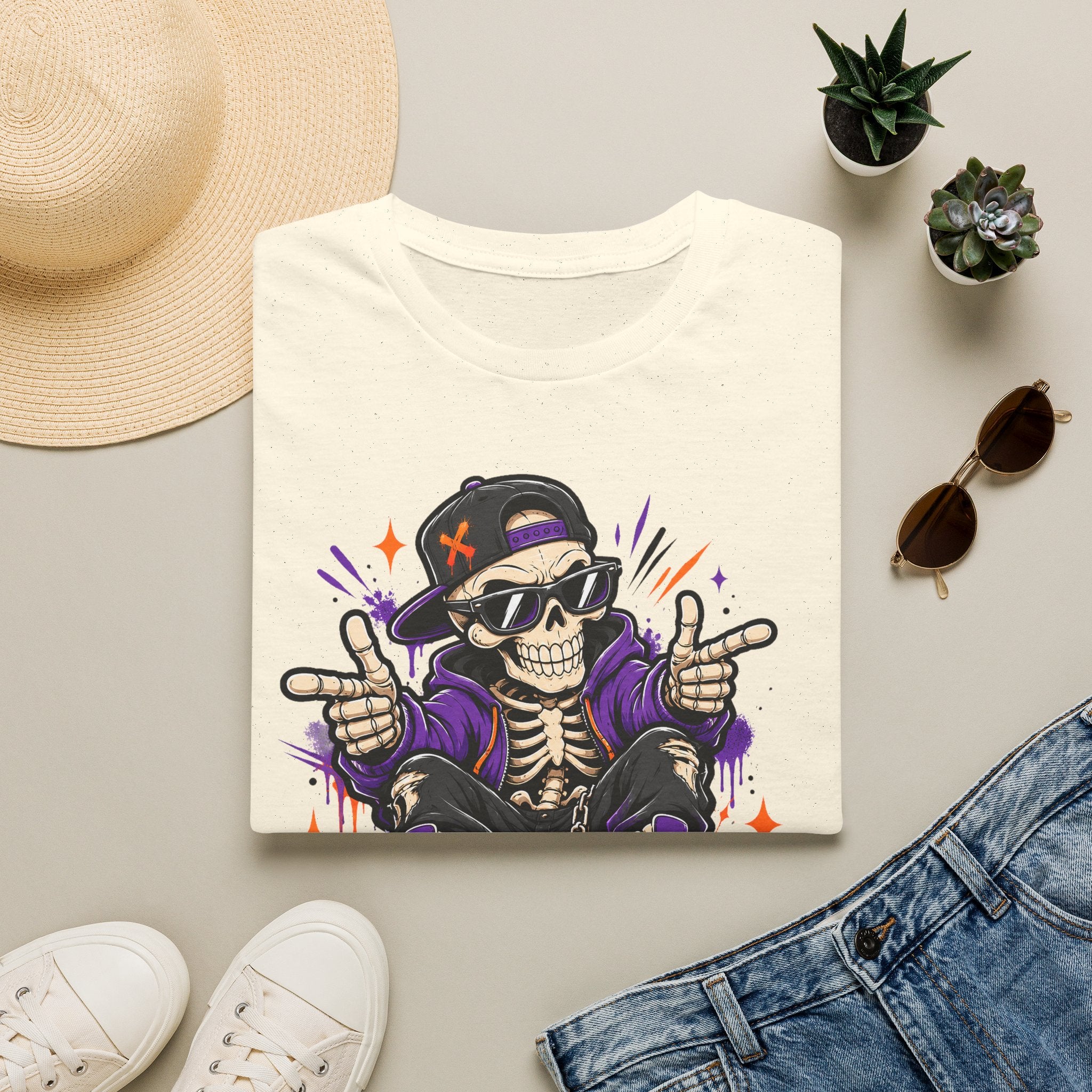 Cream Skeleton DJ T-shirt with skull DJ graphic wearing headphones and purple handsign print