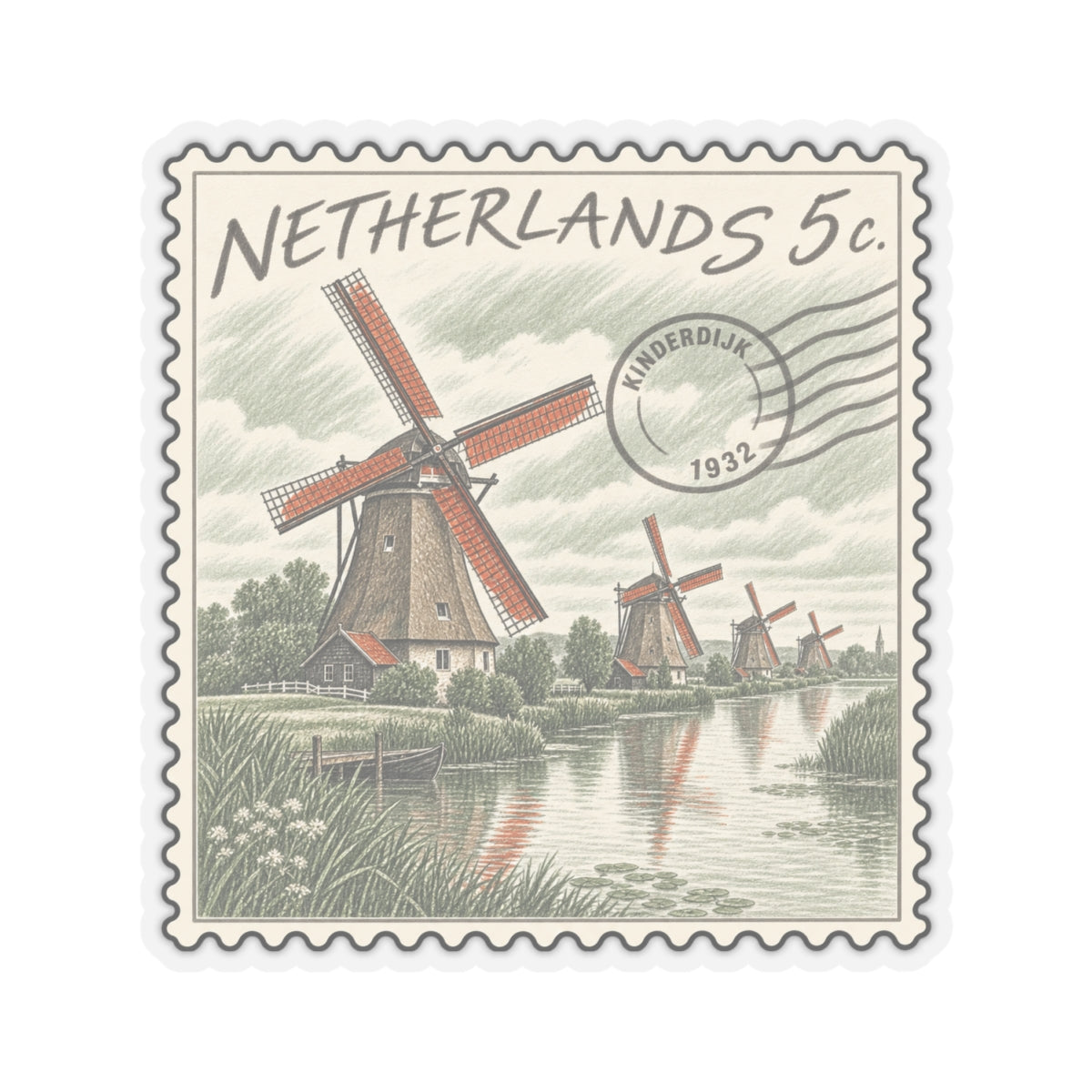 Netherlands 5c windmill stamp sticker with circular seal reading KINDEERDIJK and 1932