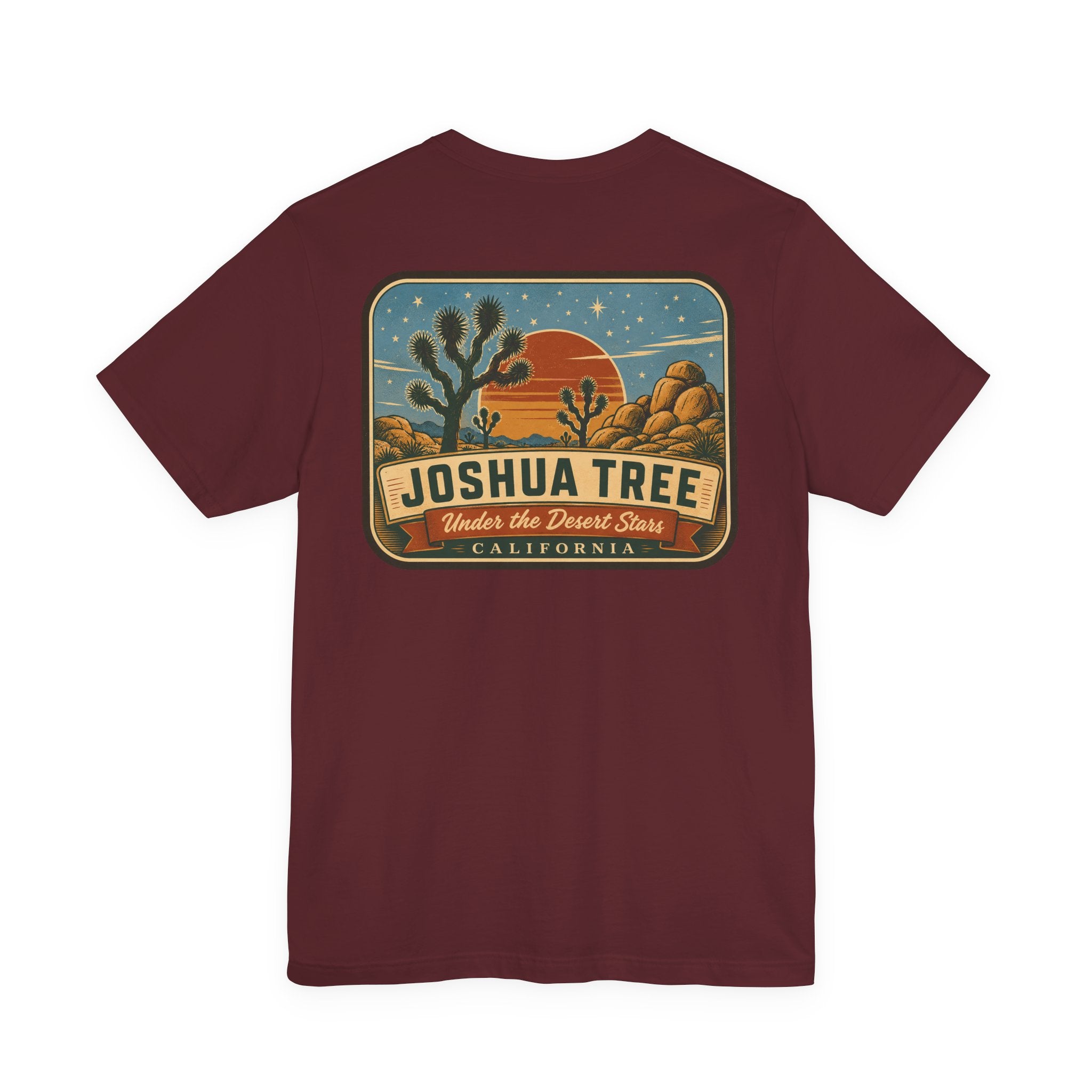Burgundy crew-neck t-shirt with Joshua Tree desert graphic centered on the back.