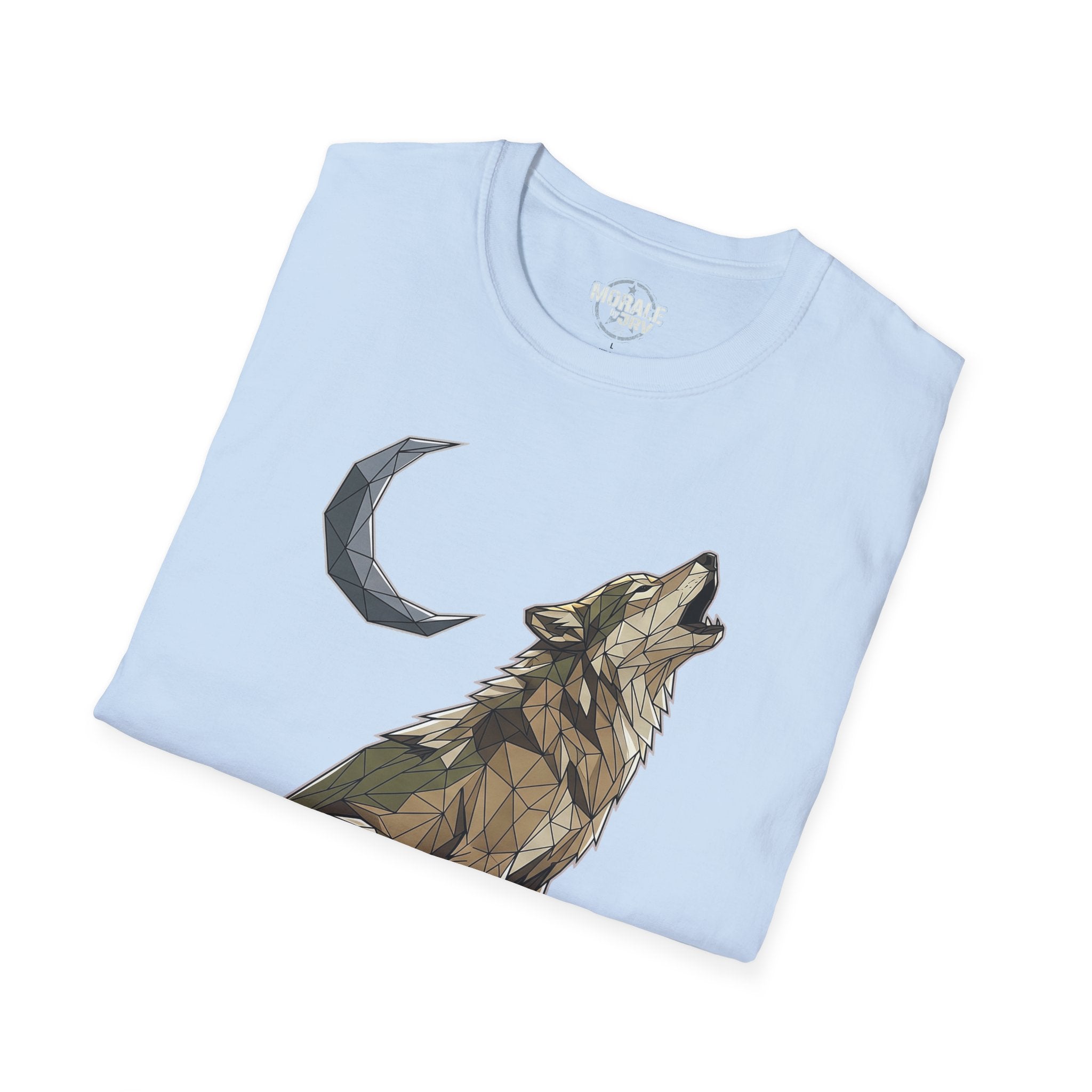 Light blue T-shirt with geometric howling wolf and crescent moon graphic