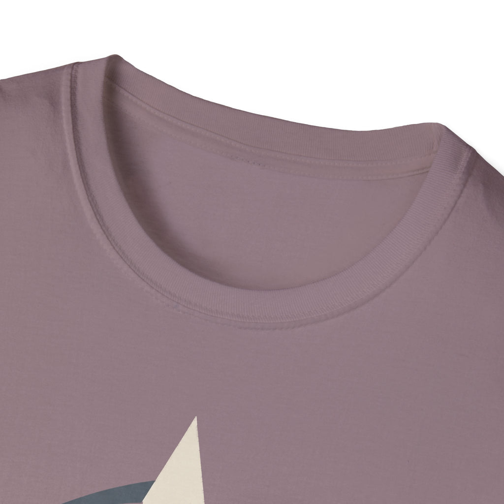 Close-up of light purple crew-neck T-shirt collar and neckline stitching