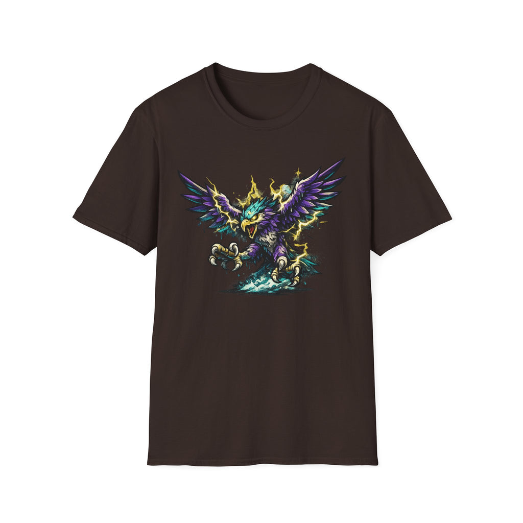 Dark brown crew-neck T-shirt with colorful lightning bird graphic, front view