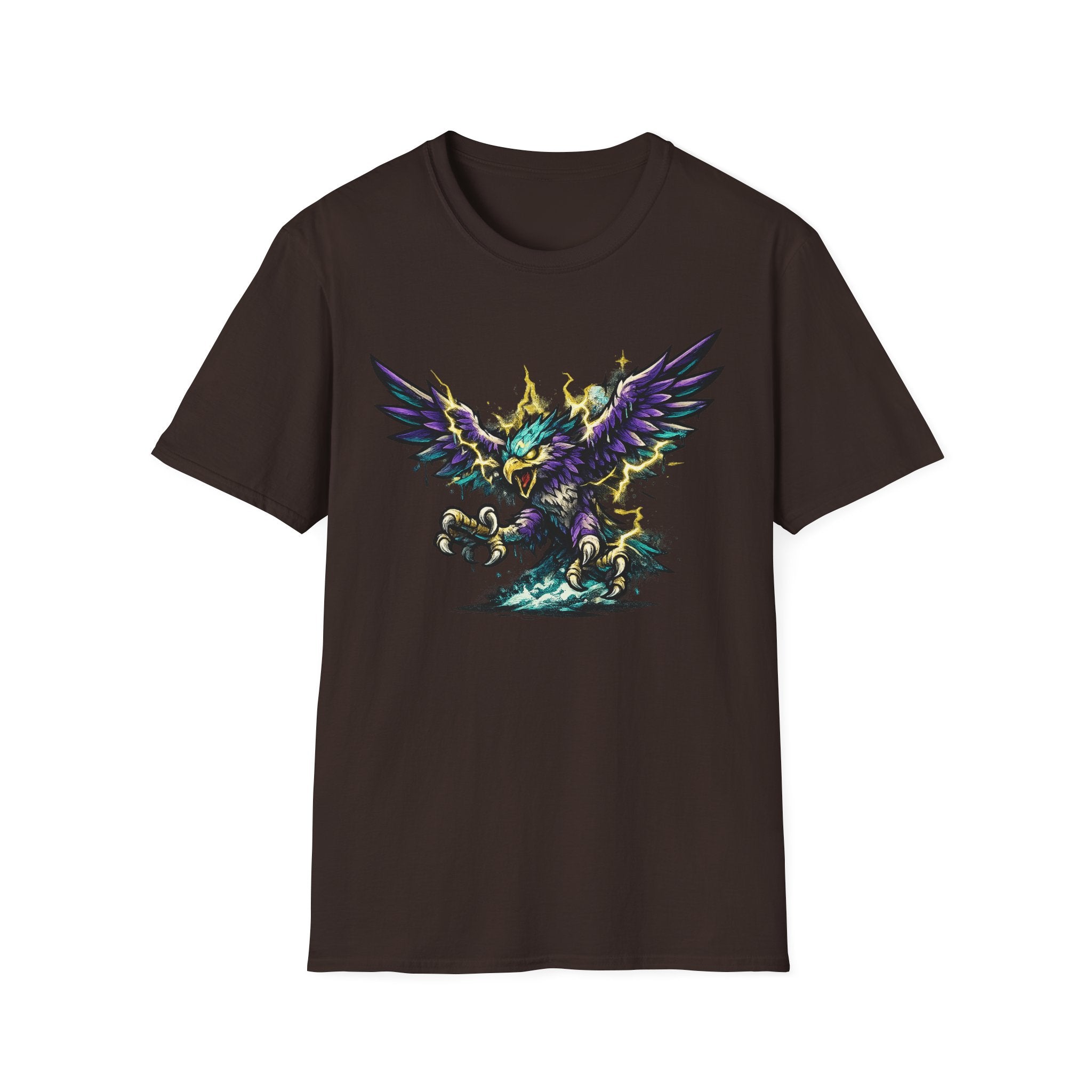 Dark brown crew-neck T-shirt with colorful lightning bird graphic, front view
