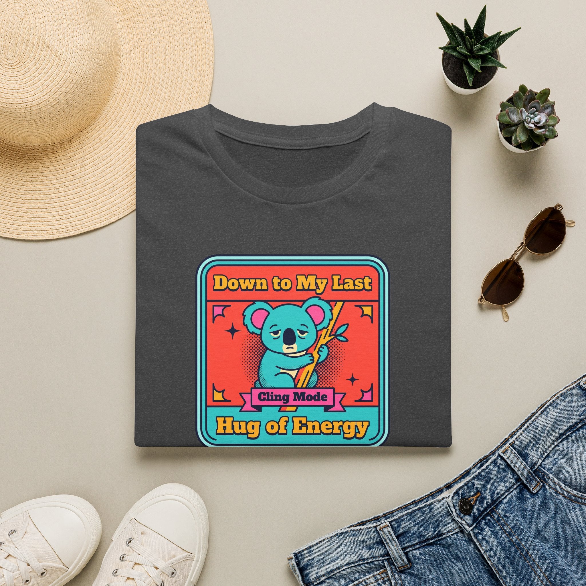Dark heather gray koala graphic t-shirt with colorful badge-style front print