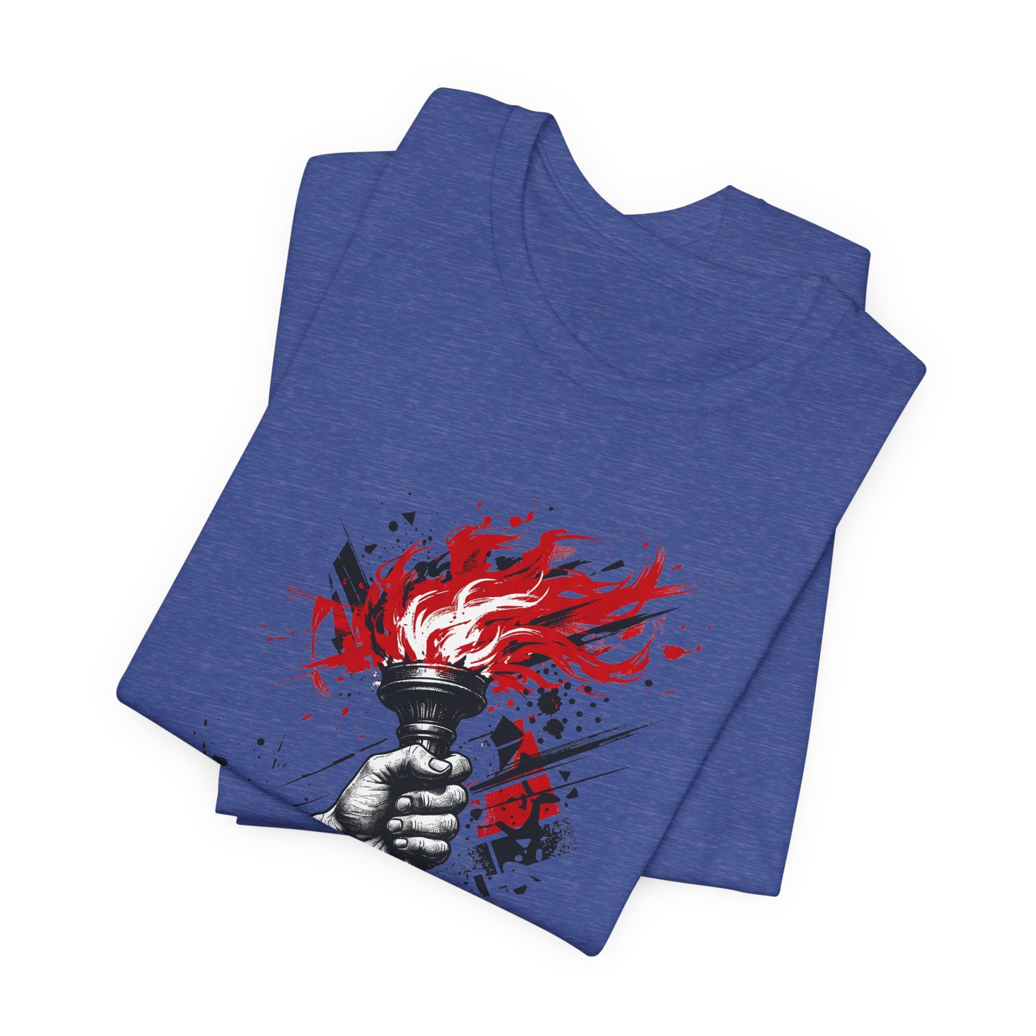 Royal blue graphic t-shirt with red flame torch statue hand print