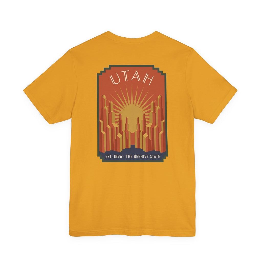 Mustard yellow T-shirt with Utah sunrise art deco square graphic, UTAH text and skyline