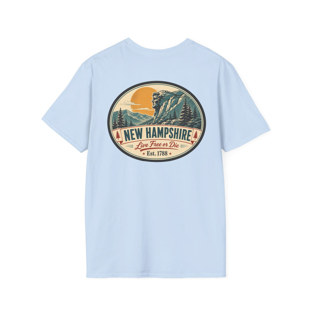 Light blue graphic T-shirt with circular mountains and New Hampshire logo on chest