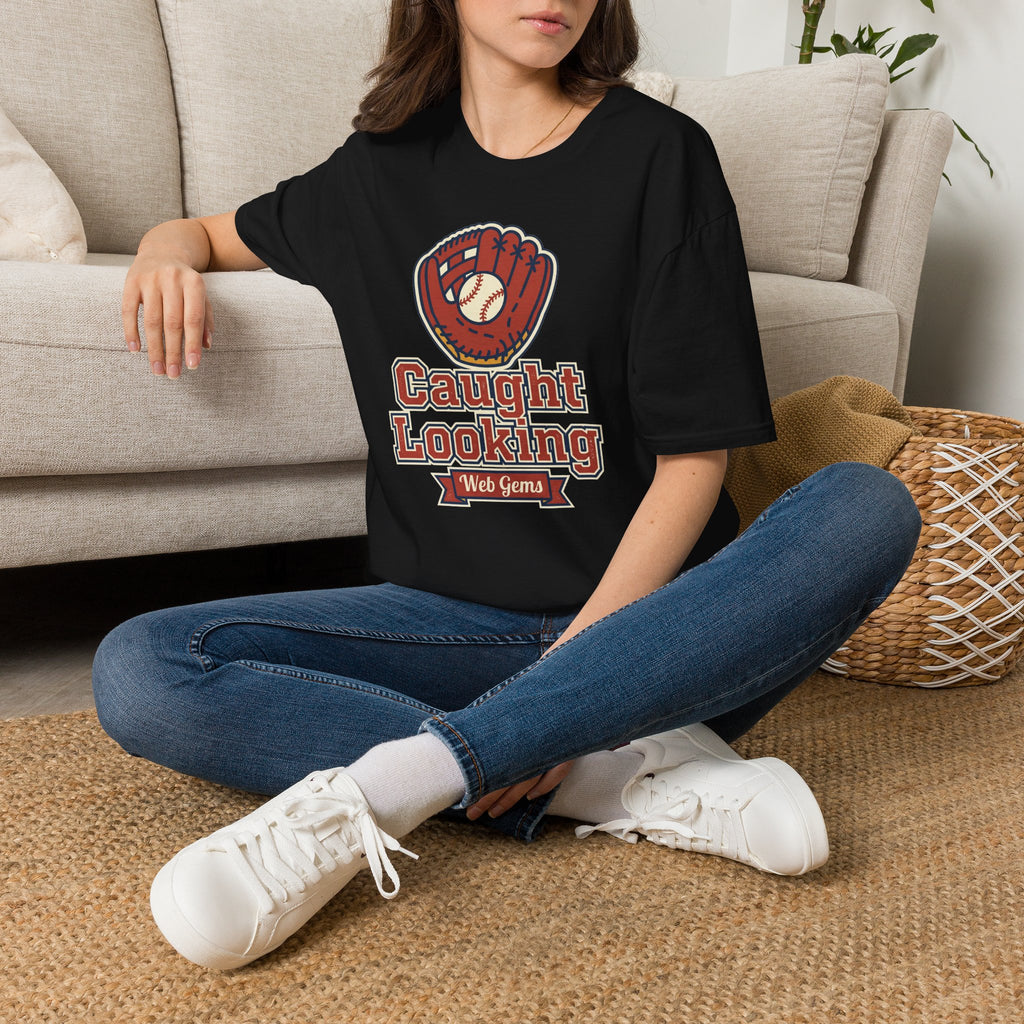 Black baseball t-shirt with vintage glove “Caught Looking” graphic on chest