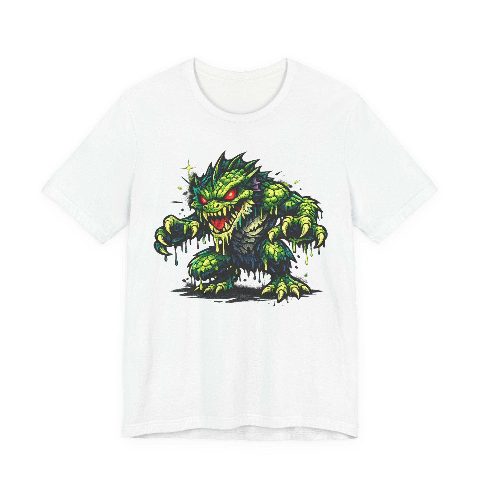 White T-shirt with green swamp monster illustration graphic on front