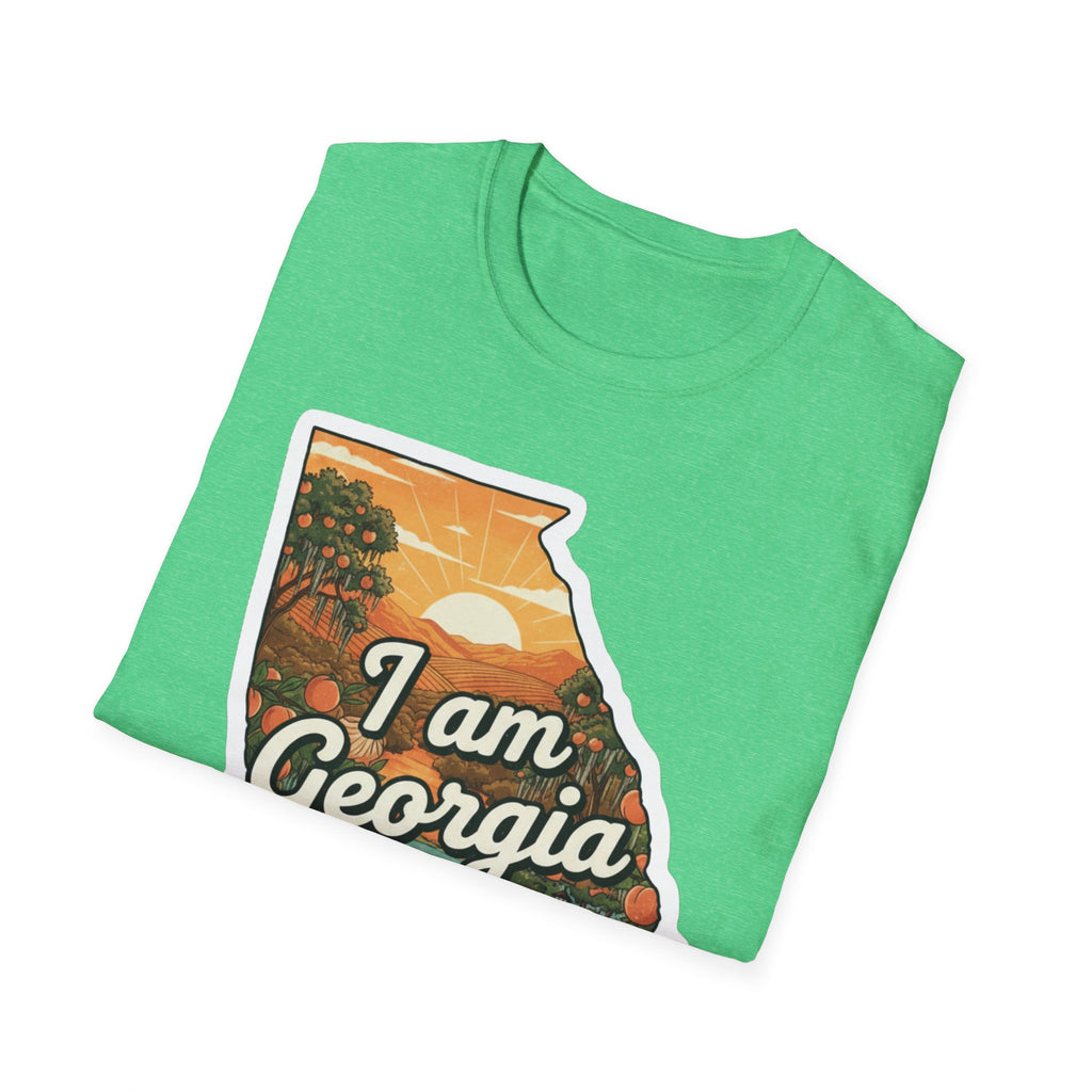 Bright green T-shirt with 'I am Georgia' state-map sunset graphic