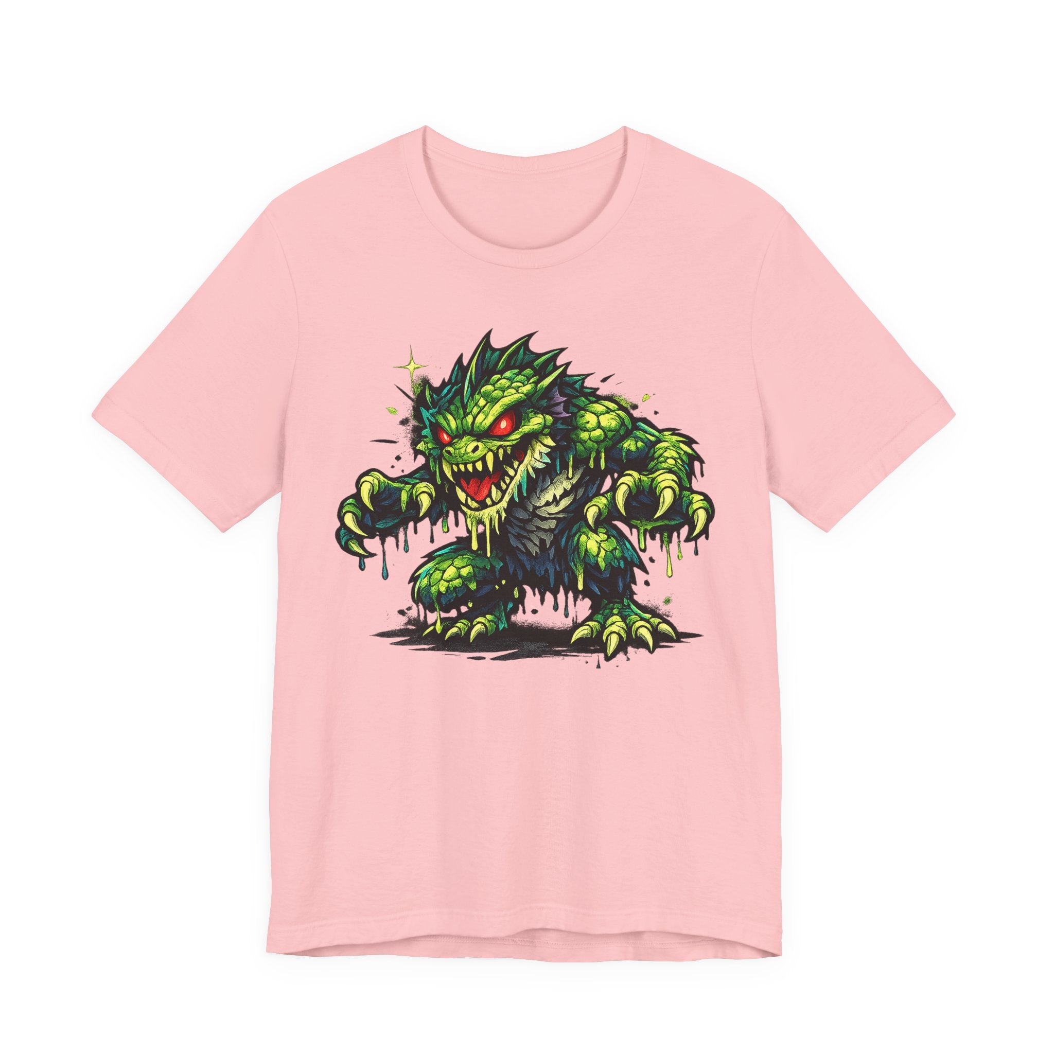 Light pink T-shirt with green swamp monster illustration front graphic.