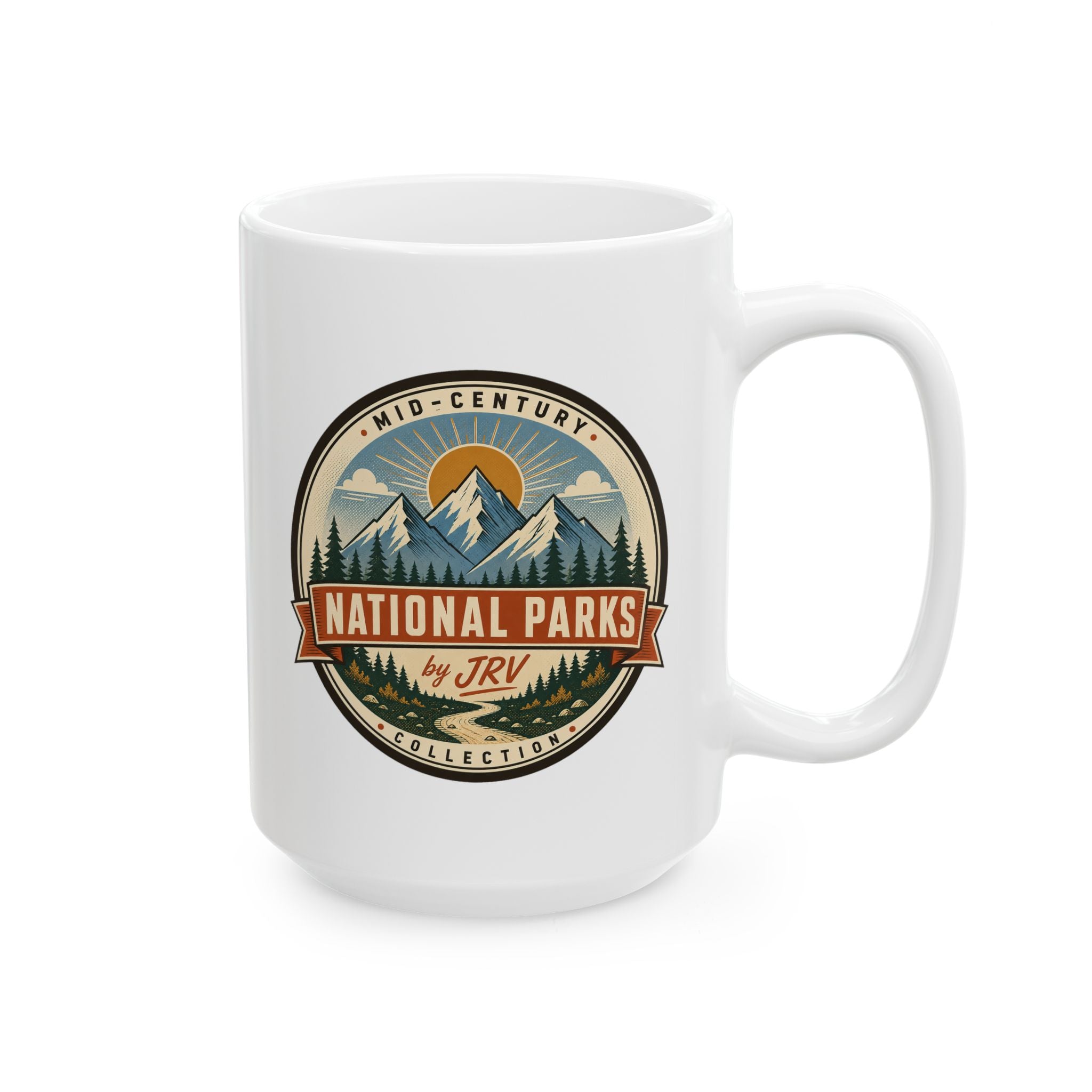 White ceramic mug with Mid-Century National Parks by JRV emblem and side handle