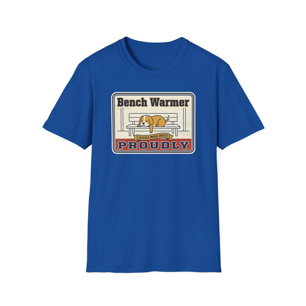 Royal blue crew-neck t-shirt with 'Bench Warmer Proudly' dog logo