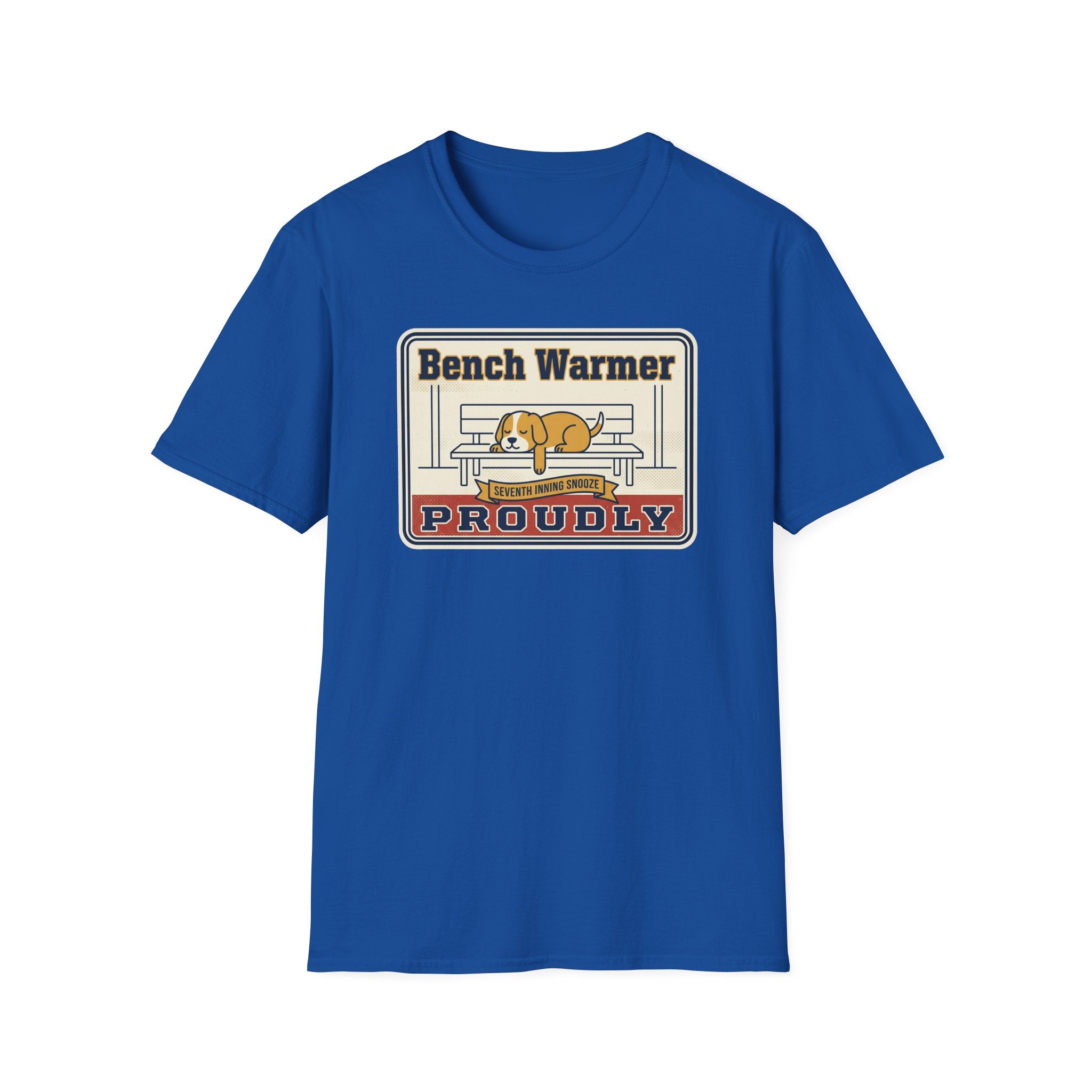 Royal blue crew-neck t-shirt with 'Bench Warmer Proudly' dog logo