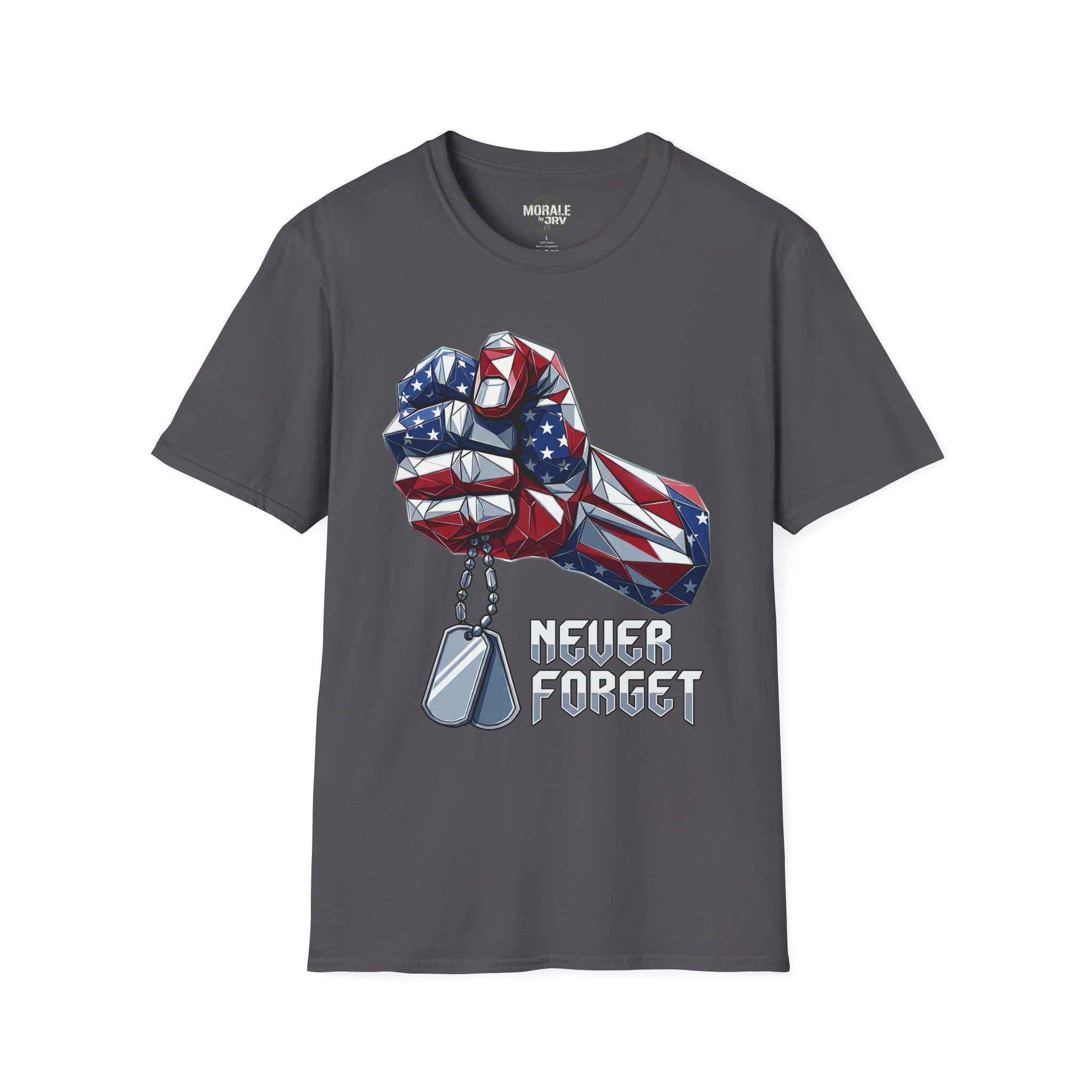 Charcoal gray T-shirt with patriotic fist graphic, dog tags, and “Never Forget”