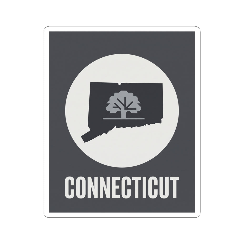 Connecticut state tree silhouette sticker, dark square with white circle and CONNECTICUT