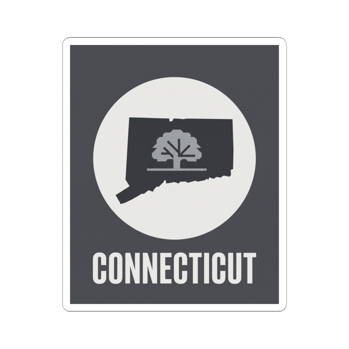 Connecticut state tree silhouette sticker, dark square with white circle and CONNECTICUT