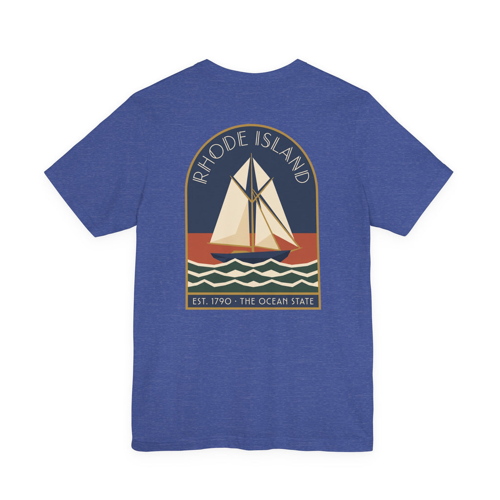 Heather royal blue t-shirt with front circular sailboat graphic and “Rhode Island” text