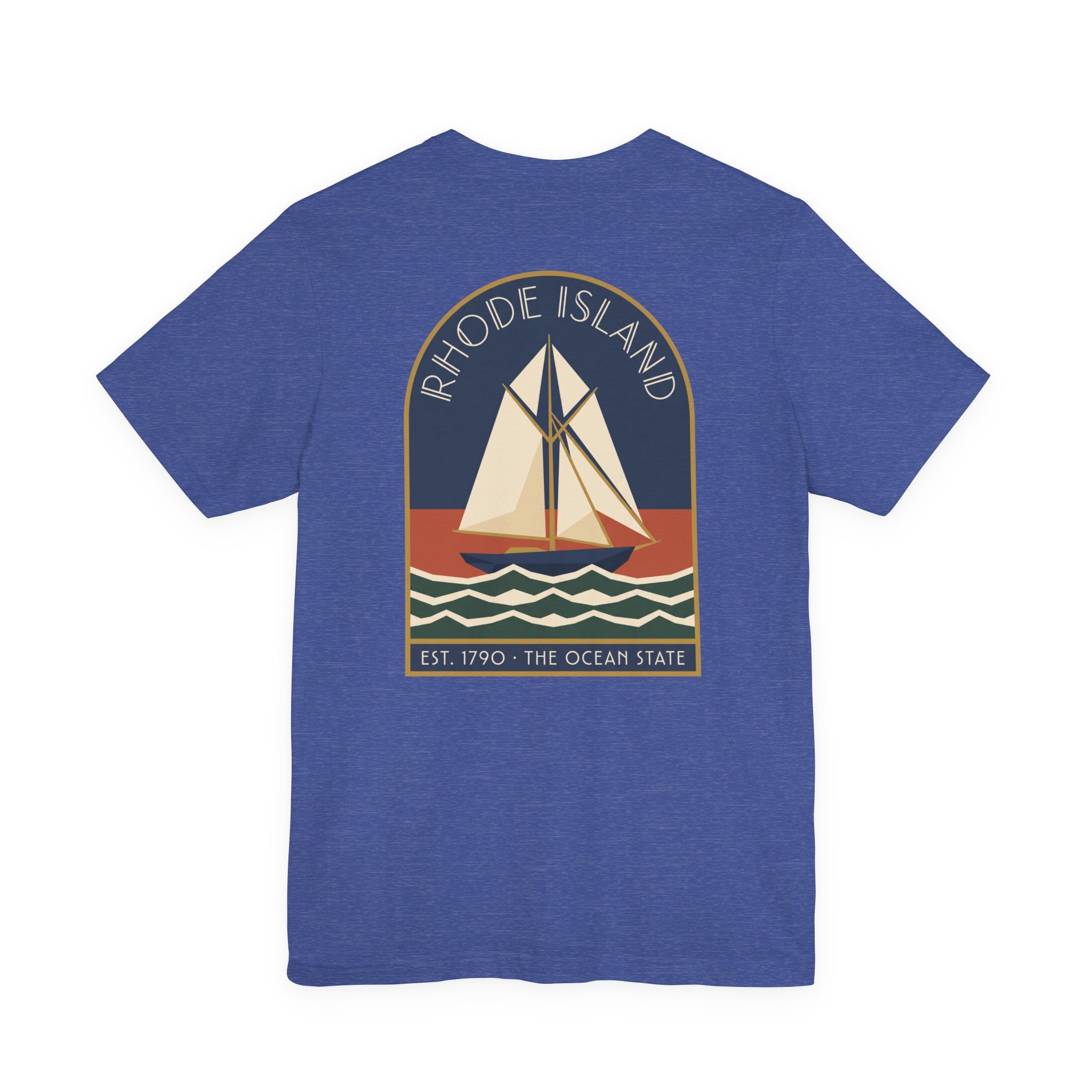 Heather royal blue t-shirt with front circular sailboat graphic and “Rhode Island” text