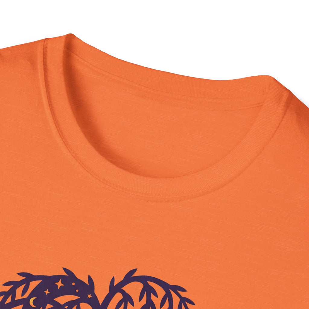 Cuello de camiseta naranja Willow Tree Night Owls con borde de la gráfica azul