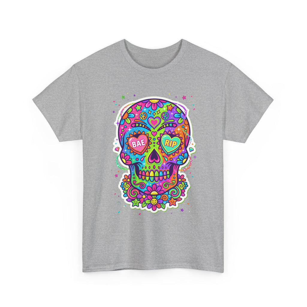 Light gray T-shirt with colorful sugar skull graphic on chest