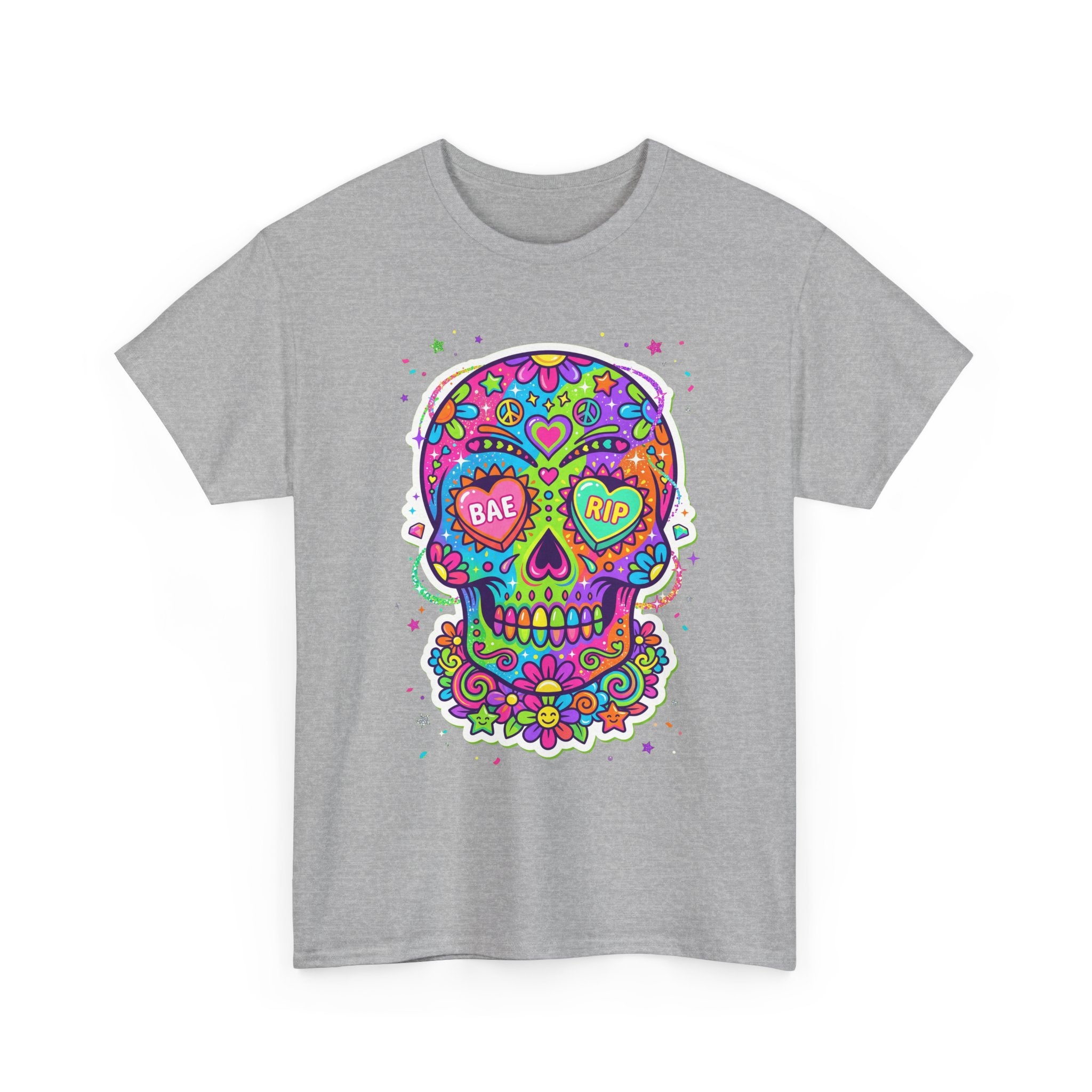 Light gray T-shirt with colorful sugar skull graphic on chest