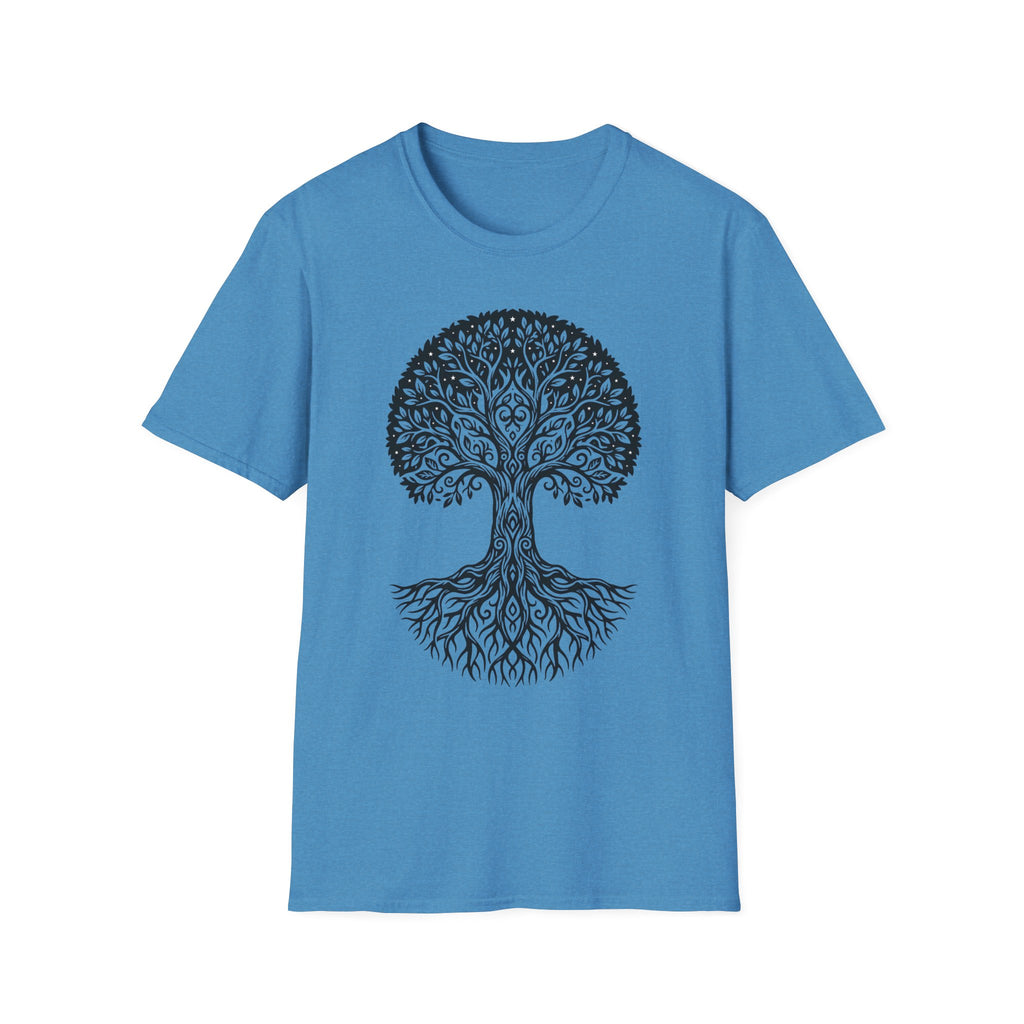 Tree of Life T-shirt, blue; circular tree of life design printed across the chest