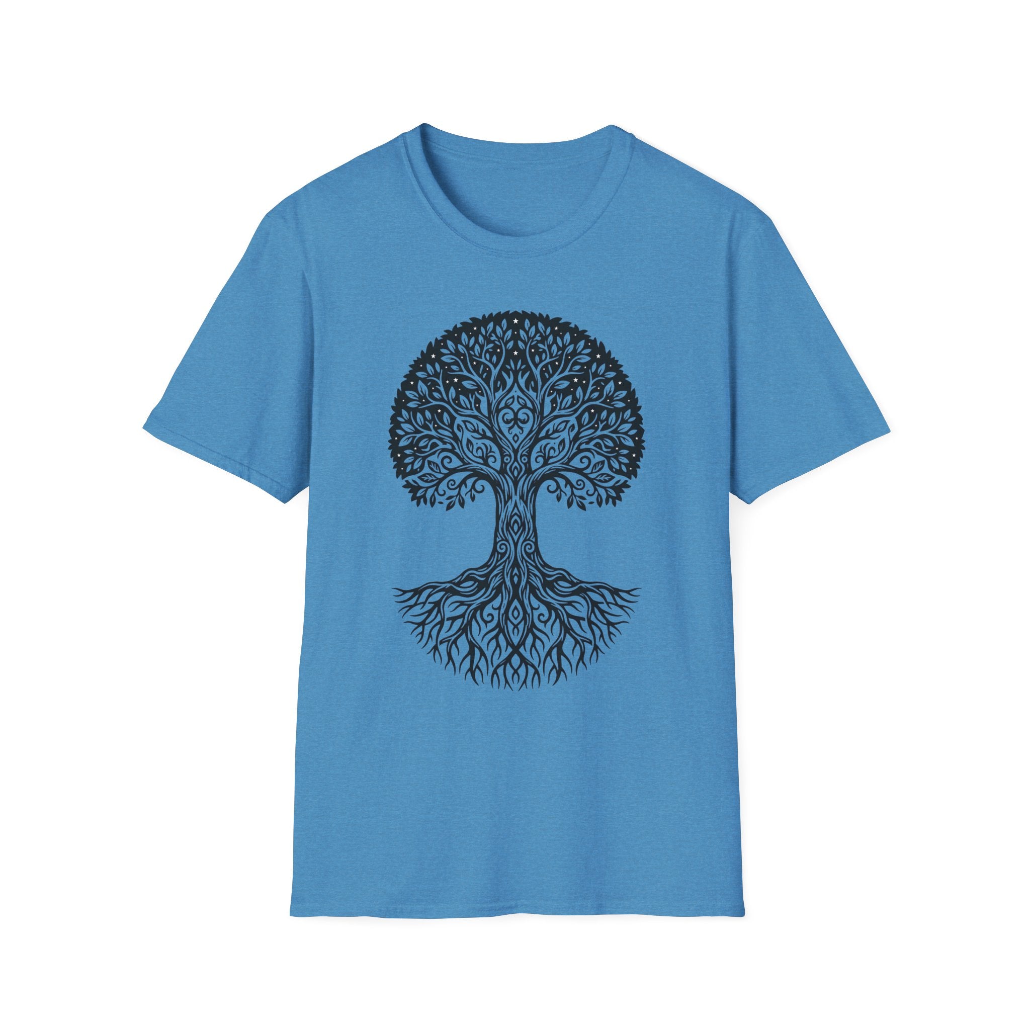 Tree of Life T-shirt, blue; circular tree of life design printed across the chest