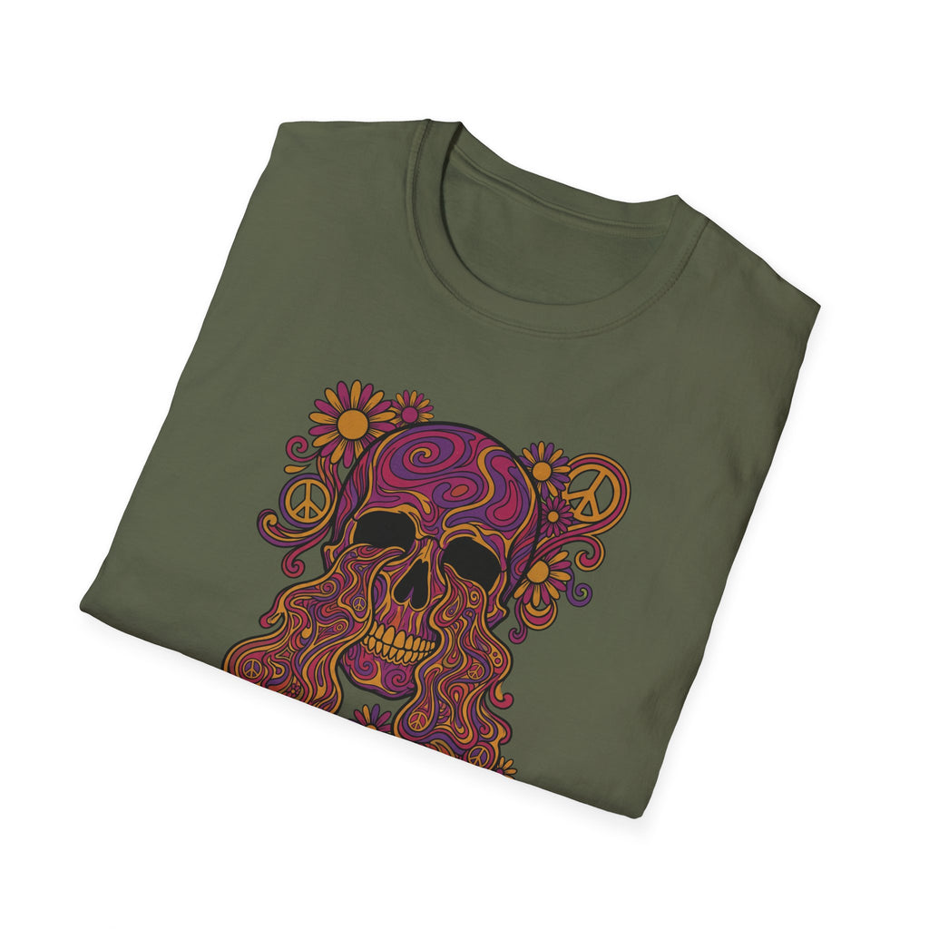 Olivgrünes T-Shirt mit psychedelischem Totenkopf-Grafik und Blumen, Friedenszeichen