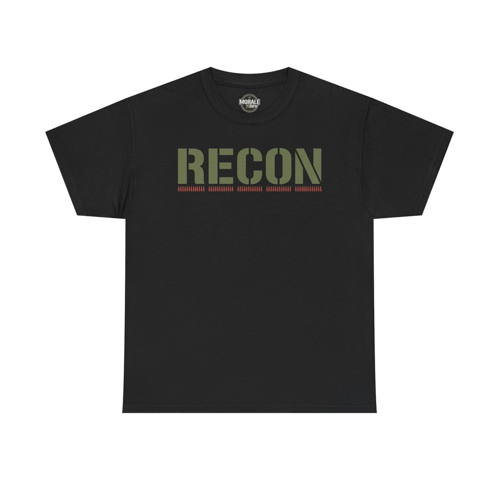 Black T-shirt with RECON stencil graphic in green and red stripe lettering