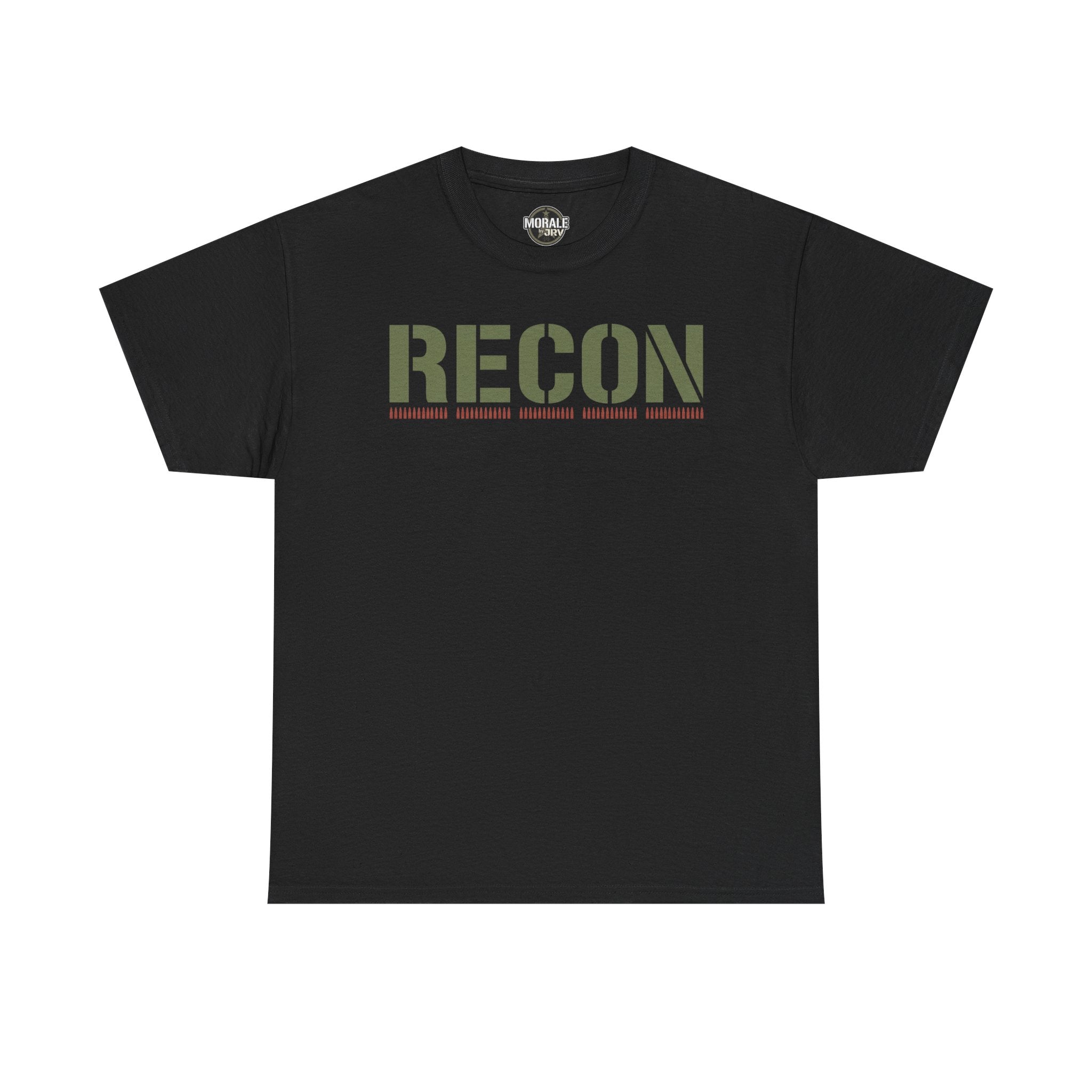 Black T-shirt with RECON stencil graphic in green and red stripe lettering