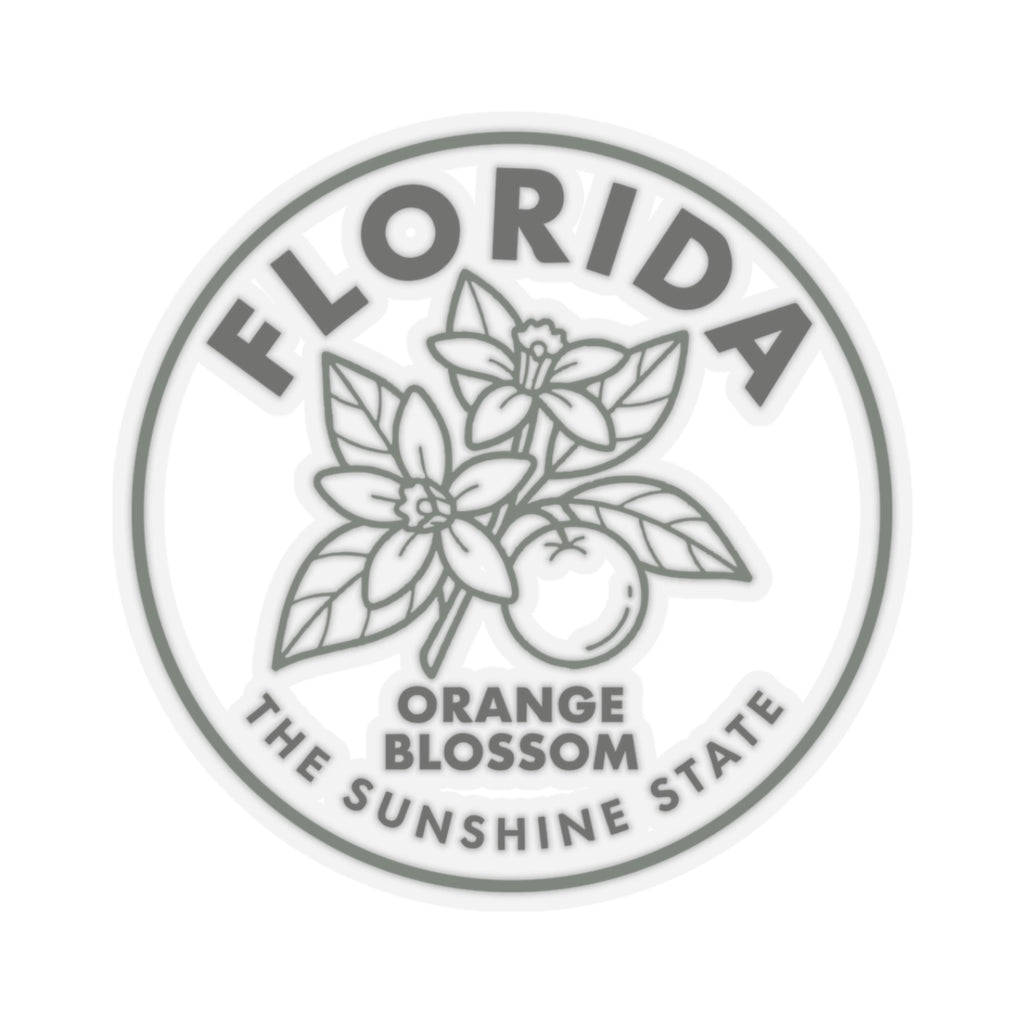 Circular transparent vinyl sticker showing Florida orange blossom illustration and wording