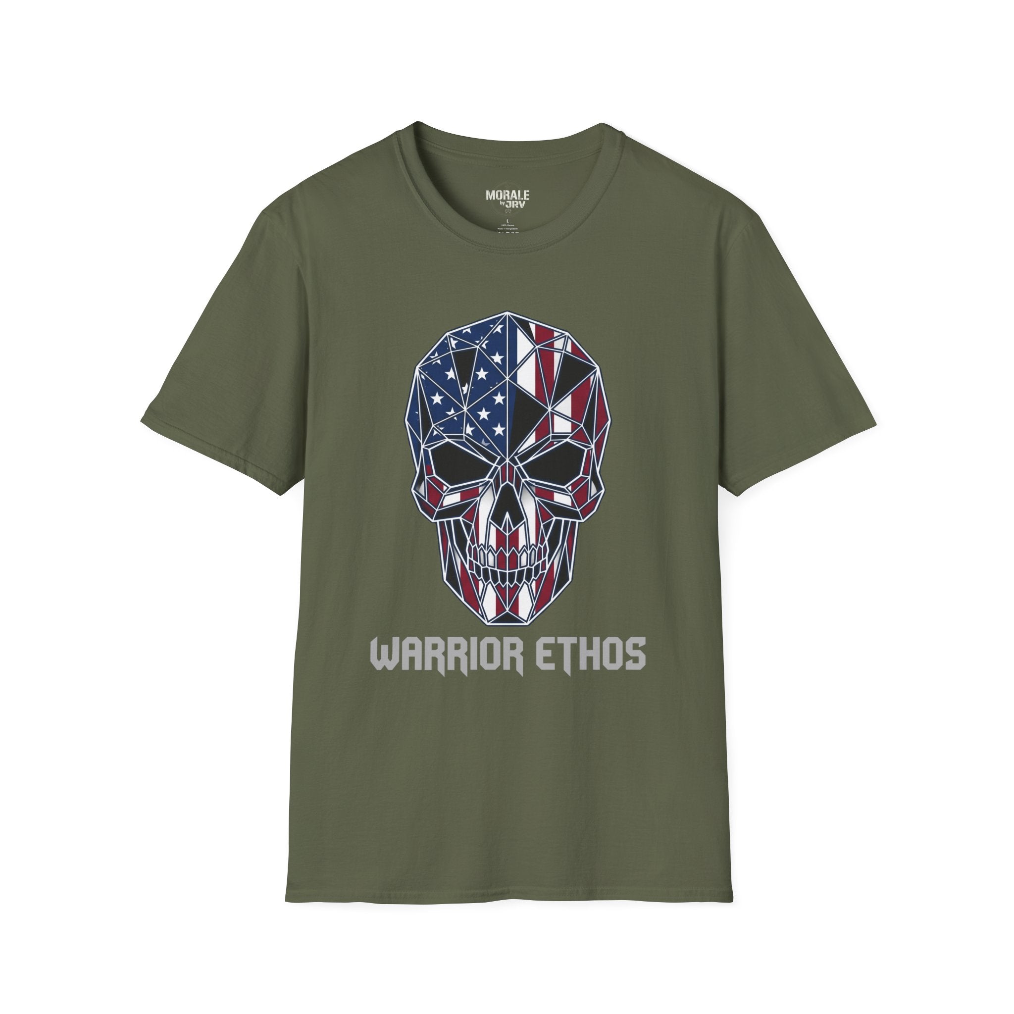 American Flag Skull Warrior Ethos T-Shirt, military green with skull flag graphic