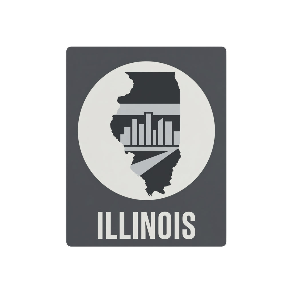 Illinois metal wall art square with circle graphic, state silhouette, skyline, and “ILLINOIS”.