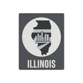 Illinois metal wall art square with circle graphic, state silhouette, skyline, and “ILLINOIS”.