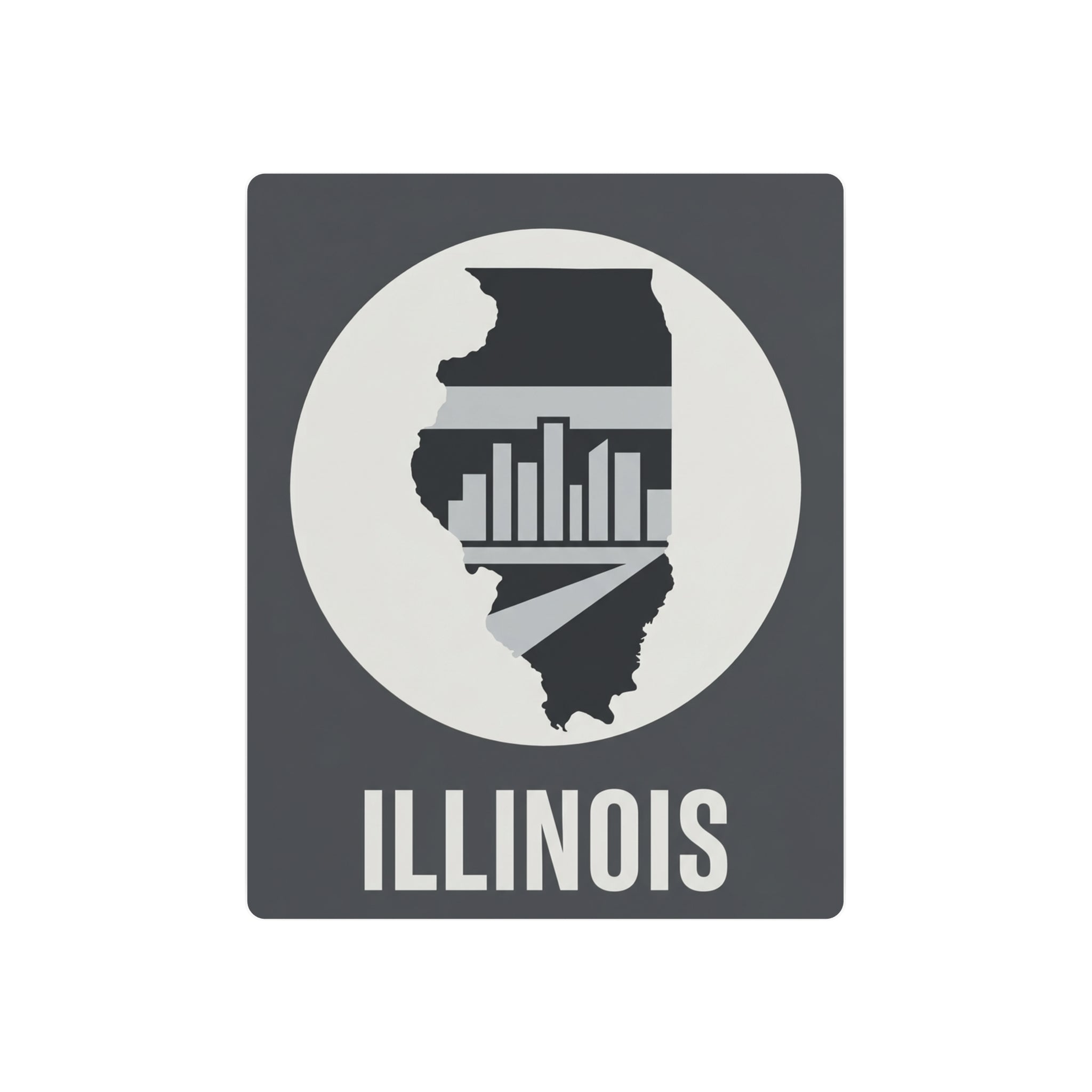 Illinois metal wall art square with circle graphic, state silhouette, skyline, and “ILLINOIS”.