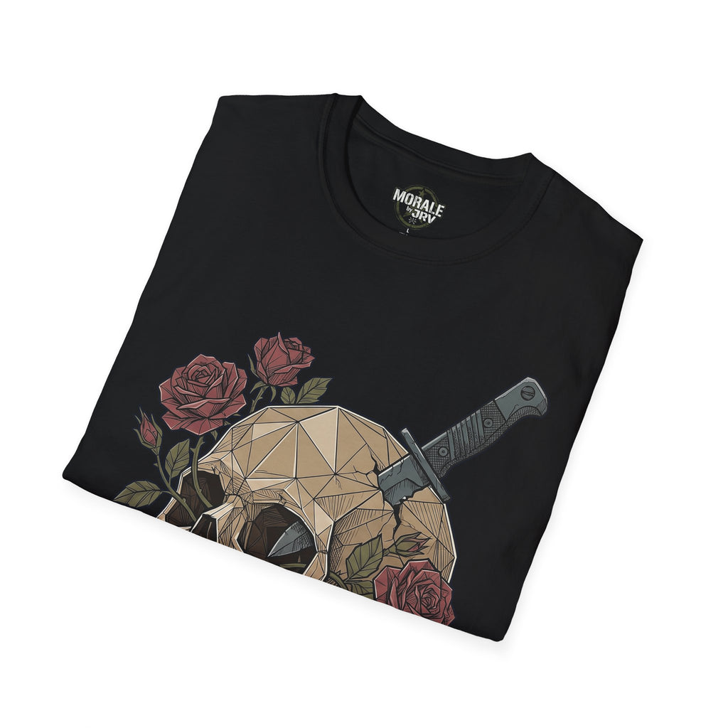 Black T-shirt with geometric skull, roses, and dagger front print