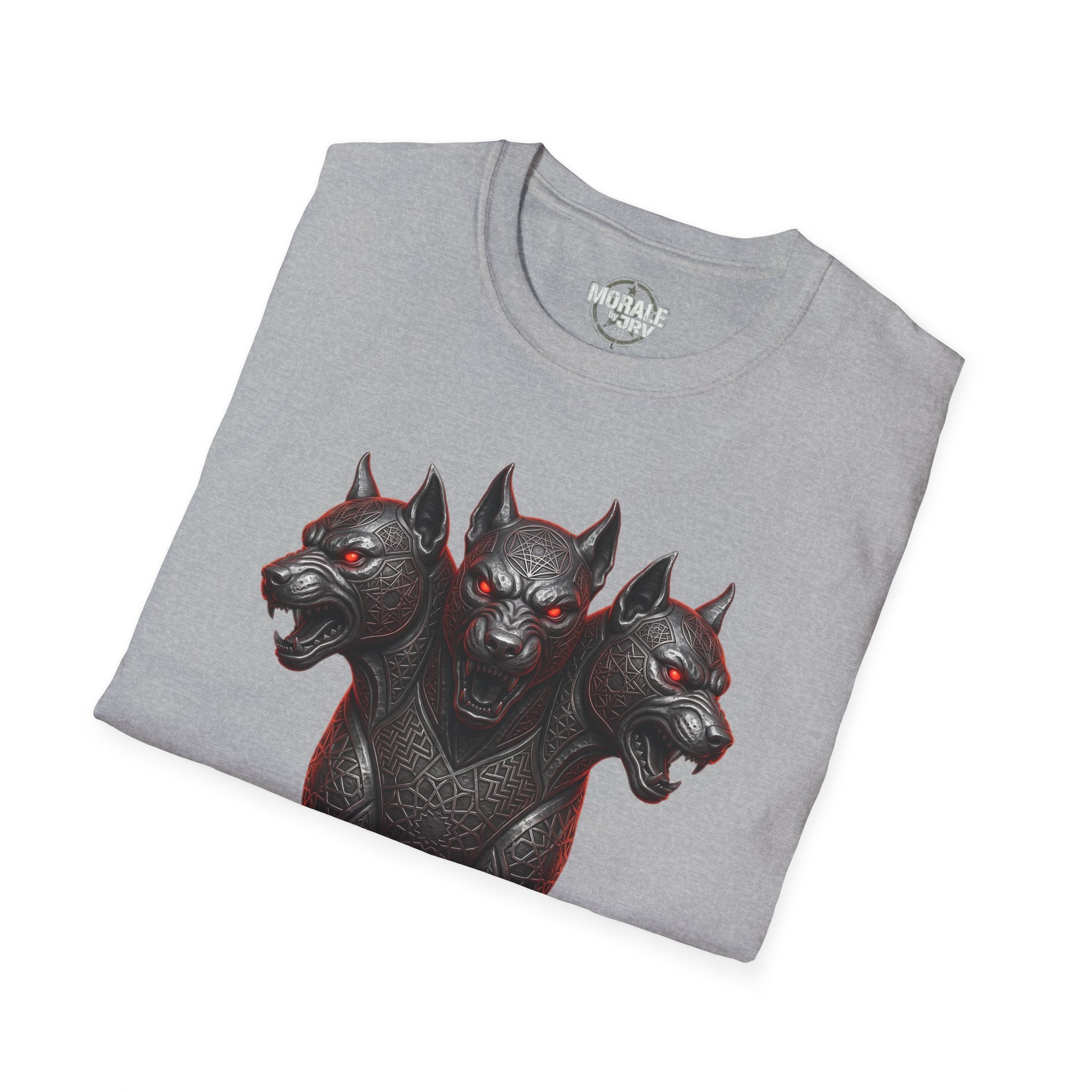 Sport Grey three-headed Cerberus dog graphic T-shirt with red eyes