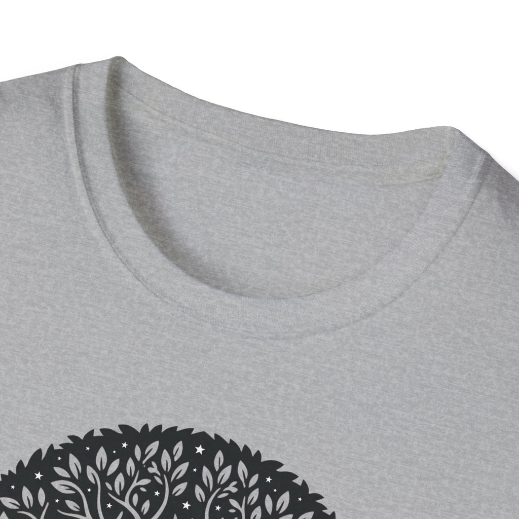 Sport grey heather T-shirt with black tree of life graphic, collar close-up