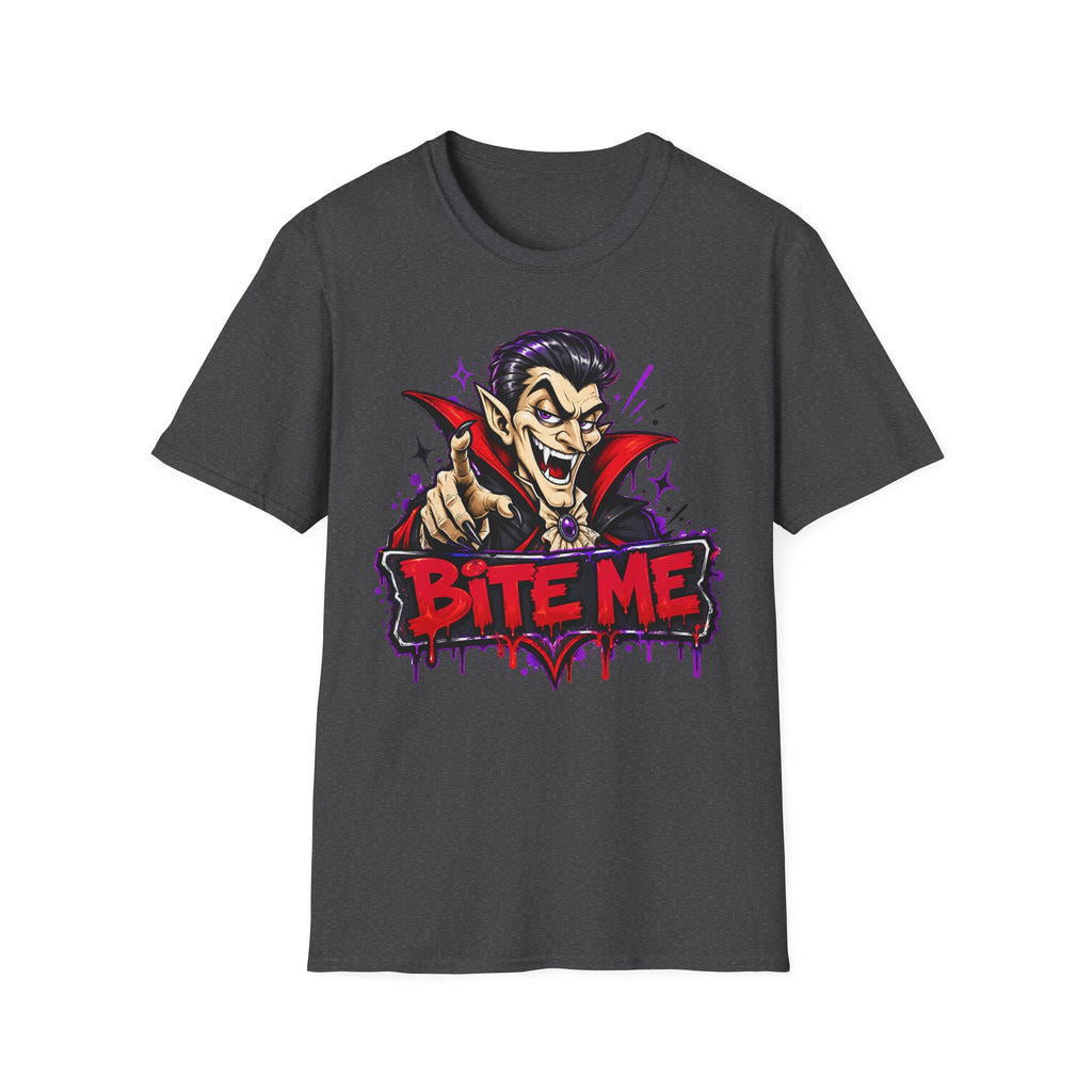Dark charcoal T-shirt with vampire graphic and “BITE ME” text on the chest