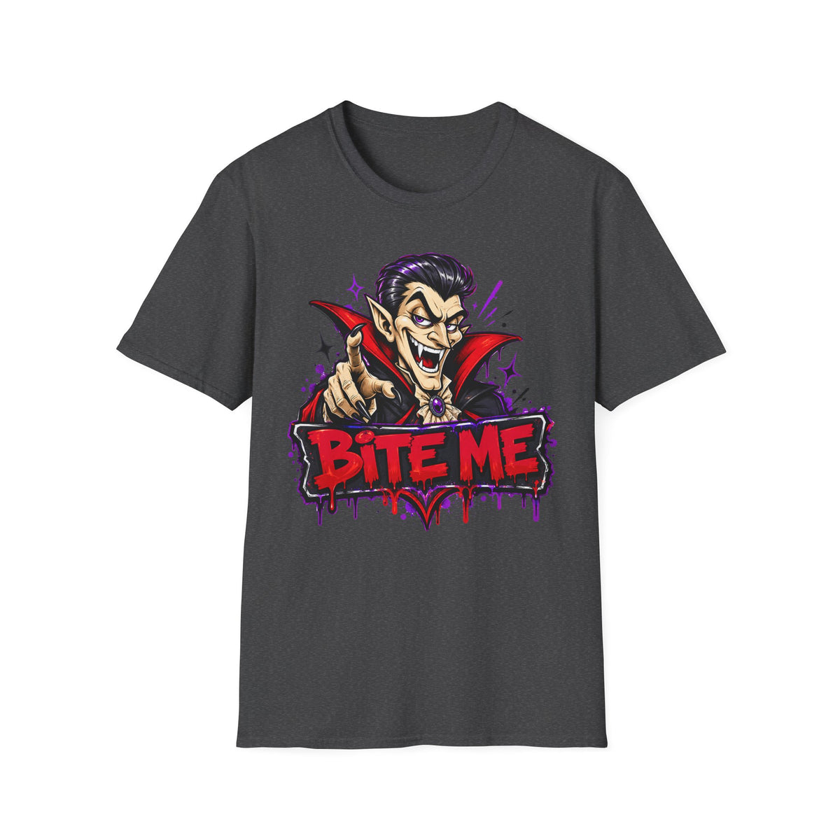 Dark charcoal T-shirt with vampire graphic and “BITE ME” text on the chest
