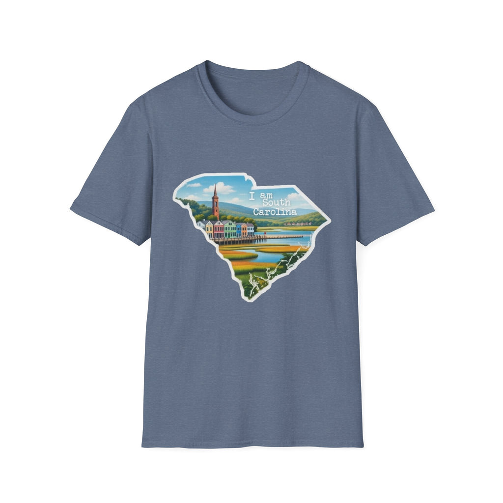 Heather blue T-shirt with South Carolina state skyline graphic and “I am South Carolina” text
