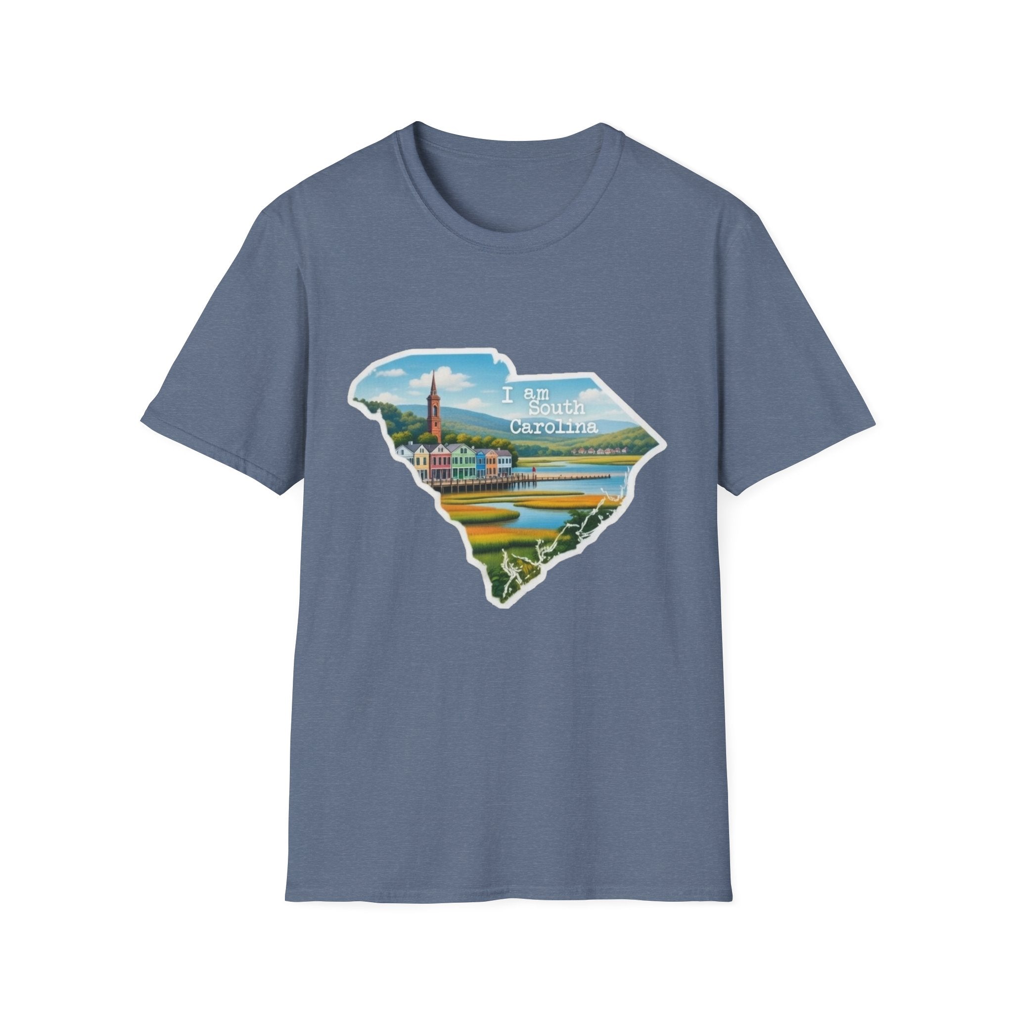 Heather blue T-shirt with South Carolina state skyline graphic and “I am South Carolina” text