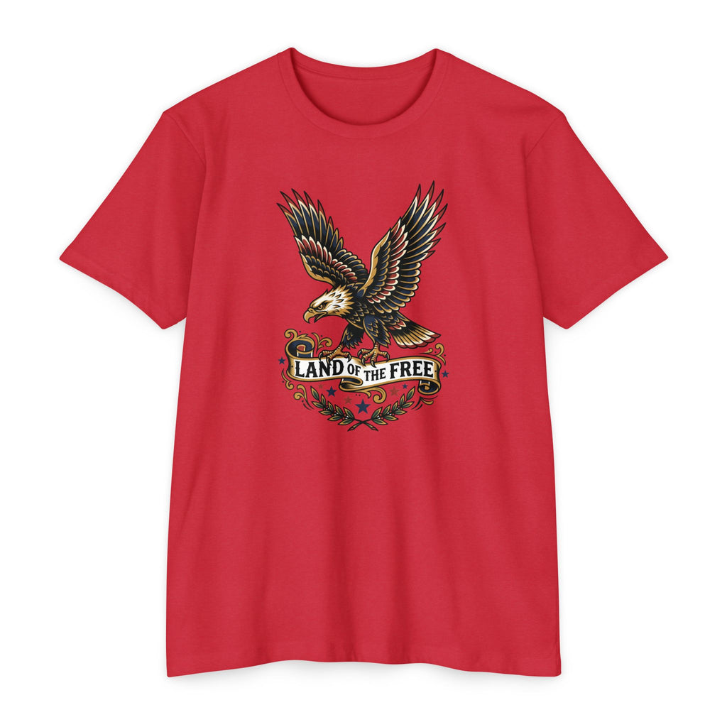 Red T-shirt with multicolor eagle graphic and “LAND OF THE FREE” text
