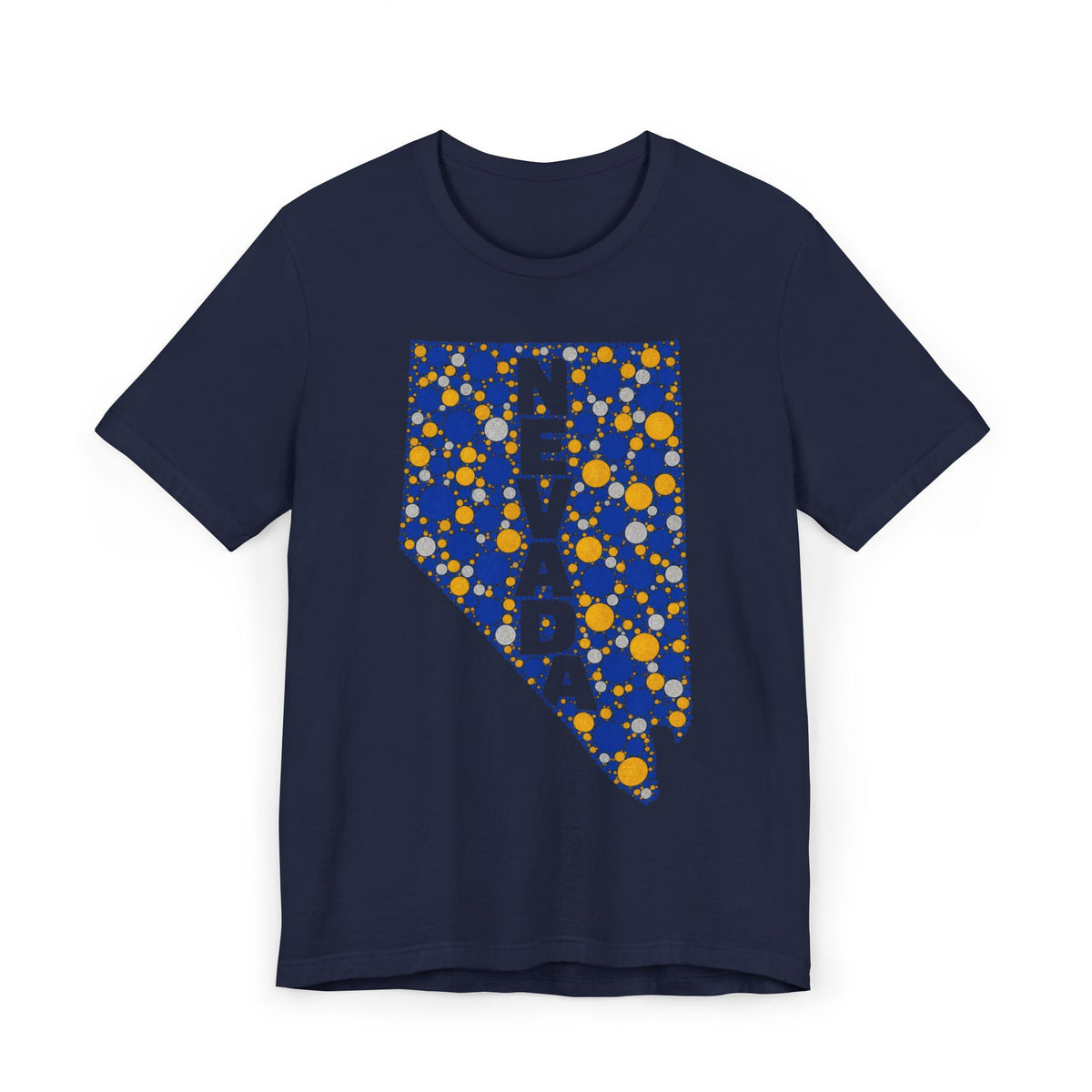 Navy T-shirt with blue and gold polka-dot Nevada map graphic on the chest