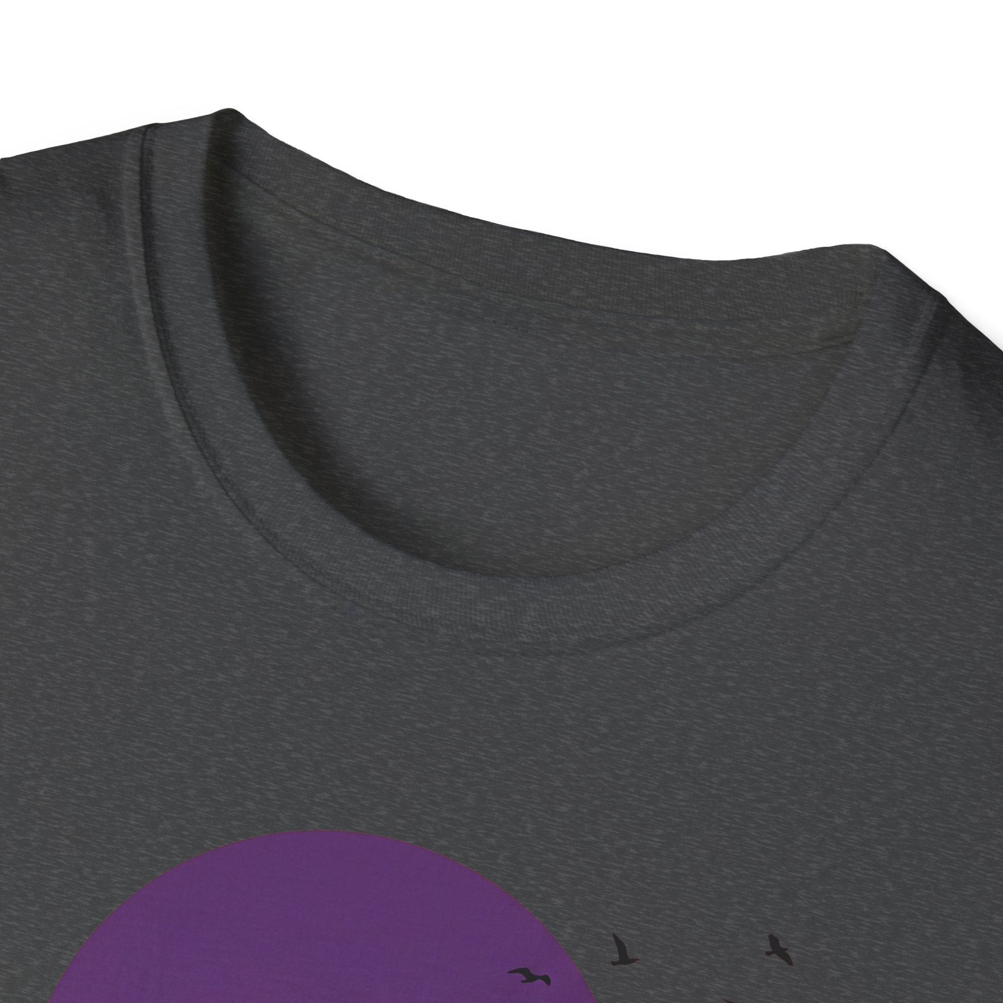 Dark heather T-shirt with purple moon silhouette and Joshua tree graphic on chest